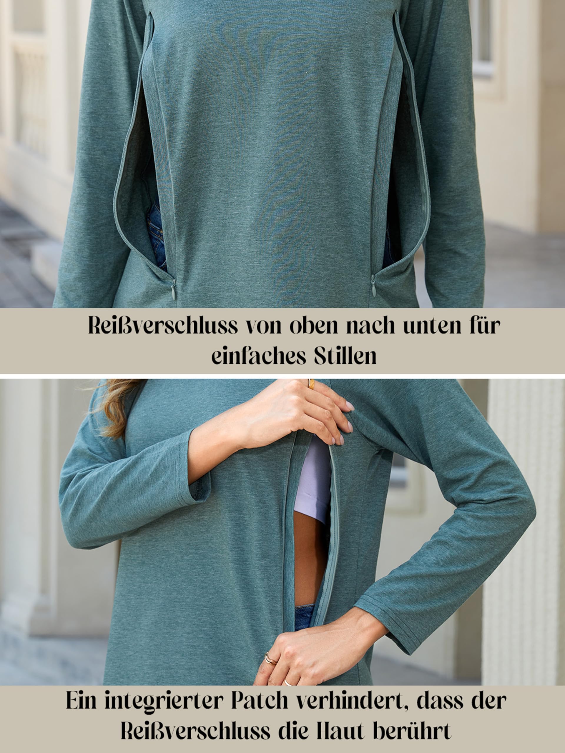 3er Pack Damen Langarm Stillshirt mit Reißverschluss Umstandsmode zum Stillen T-Shirts fur Schwangere