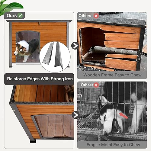 Miniatura 3 de Casa para perros con aislamiento al aire libre para perros pequeños, medianos y grandes, madera natural con marco de hierro, techo impermeable con