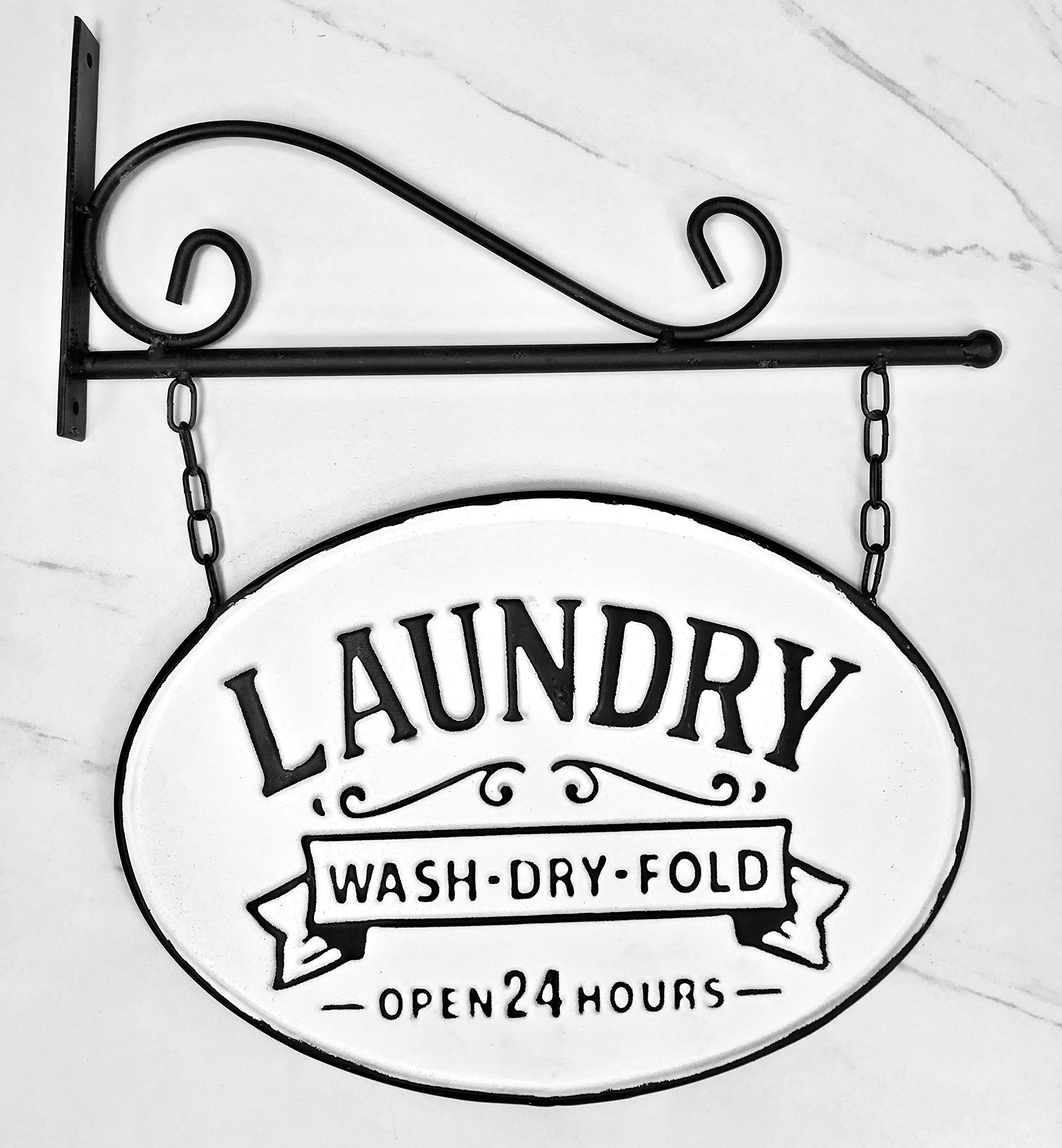NA Silvercloud Trading Co. Rustic Hanging Double-Sided Oval Laundry Embossed Black on White Enamel Metal Sign with Bracket - Home, Hotel Wall Decor - Room Label