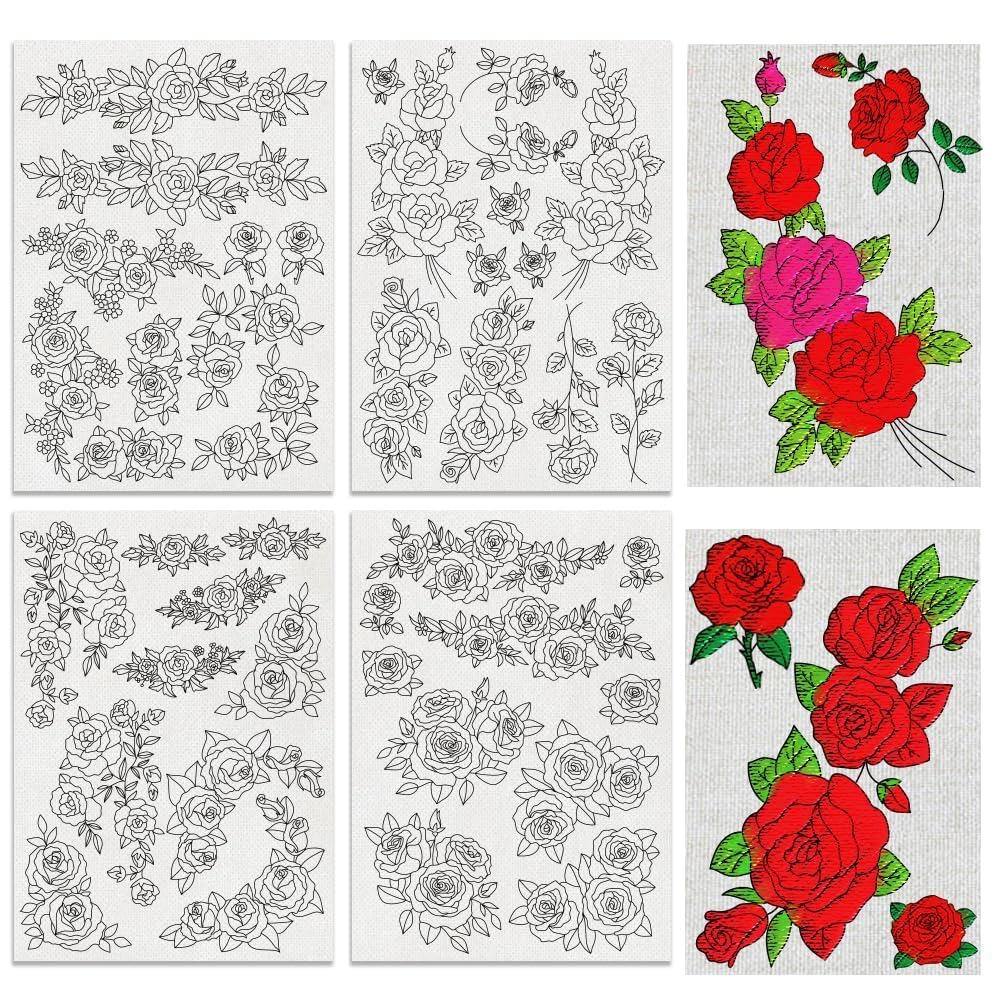 BENECREAT 4 Sheets Roses Sewing Embroidery Stabilizers, 42pcs Flowers Embroidery Paper with Pre-Printed Water Soluble Stabilizer for Embroidery Hand Sewing Lover Beginners