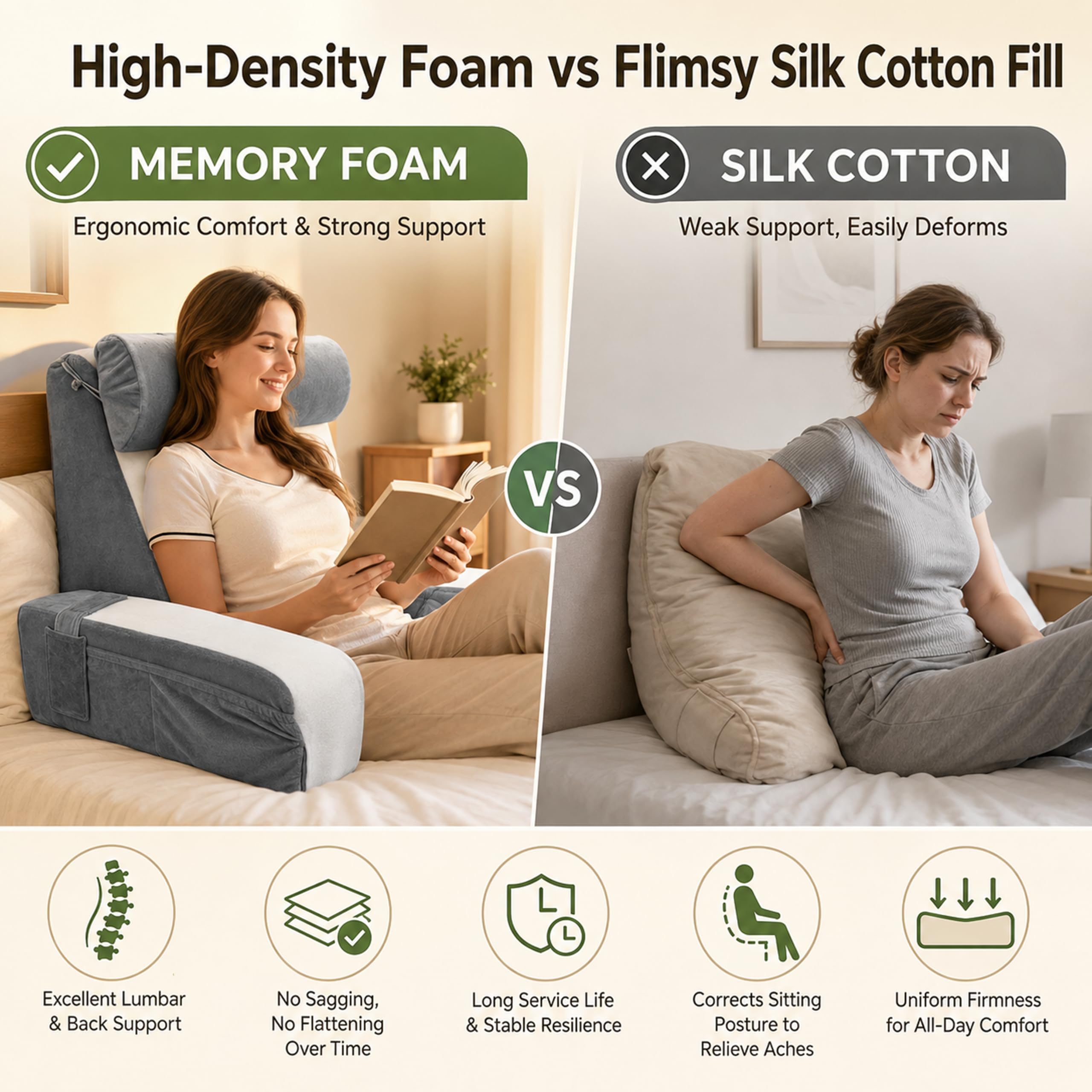 ALLUMK Almohada de Lectura Ergonómica con Soporte Lumbar y reposabrazos | Funda lavable desmontable, diseño bicolor gris blanco, soporte cervical para adultos en cama y sofá