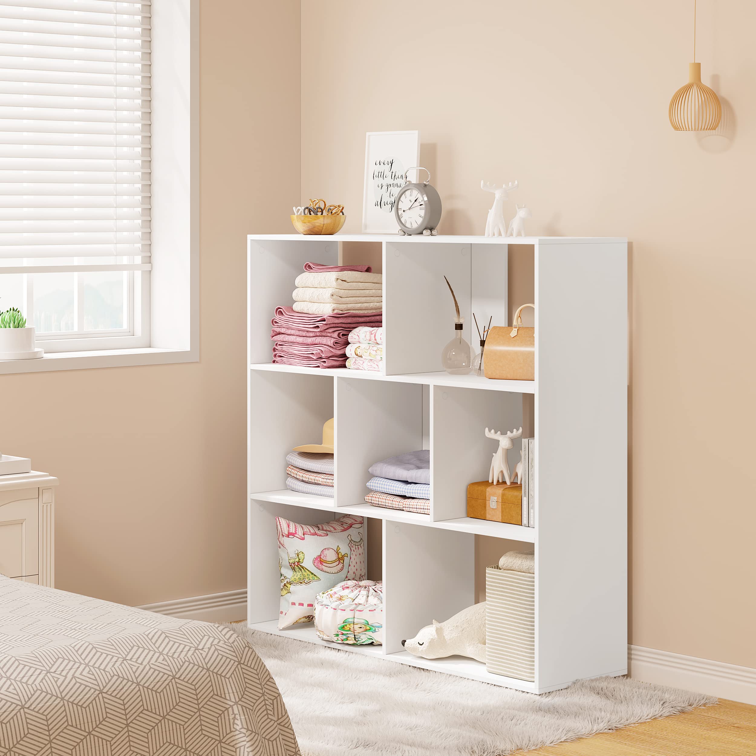 eSituro Librería de Madera, Estantería Libros de 3 Niveles | 7 Estantes Modulares de 2 Tamaños, para Salón, Oficina, Dormitorio, Estudio, Blanco, 100x100x30 cm, SBKC0042