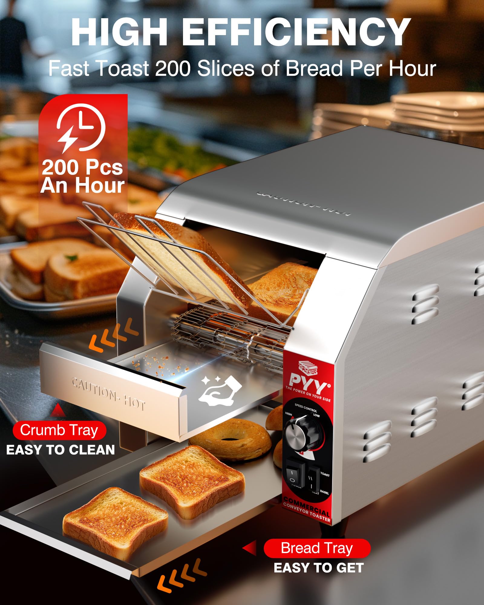 PYY Commercial Conveyor Toaster - 200 Slices/Hour Upgrade Electric Industrial Belt Toasters Heavy Duty Stainless Steel Tostadora Transportadora for Bun Bagel Bread Waffle Restaurant Buffet