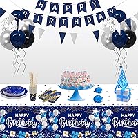 Vista 7 de DUAIAI Decoraciones de feliz cumpleaños, 1 mantel de cumpleaños azul marino y plateado para niños, niñas, hombres y mujeres, funda rectangular