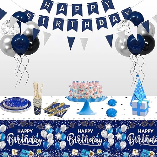 Miniatura 7 de DUAIAI Decoraciones de feliz cumpleaños, 1 mantel de cumpleaños azul marino y plateado para niños, niñas, hombres y mujeres, funda rectangular