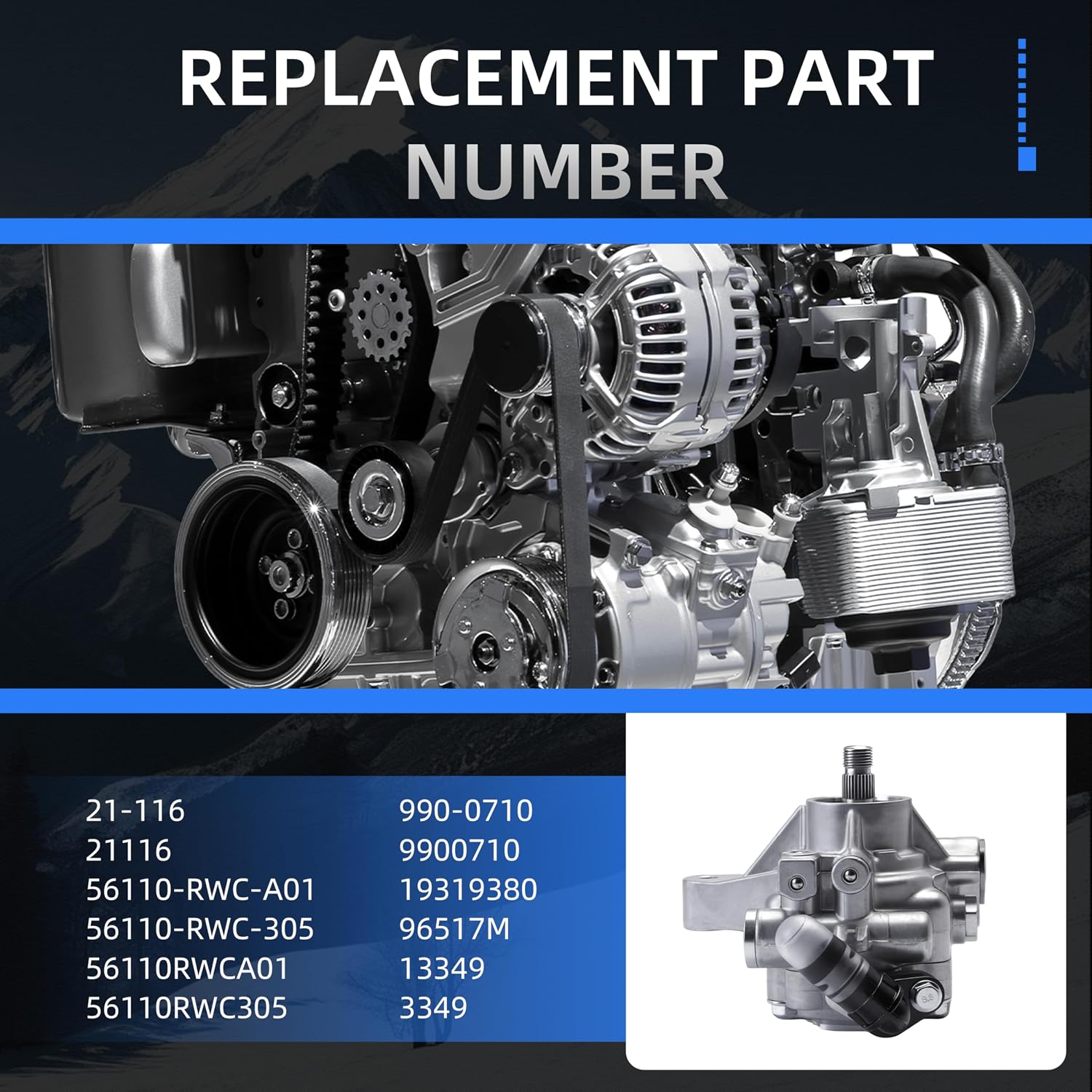 Power Steering Pump, for Acura RDX 2007-2012, 2.3L L4, Power Assist Pump Replace# 21-116, 56110-RWC-A01, 56110-RWC-305, 56110RWCA01, 56110RWC305, 990-0710, 9900710, 19319380, 96517M, 13349