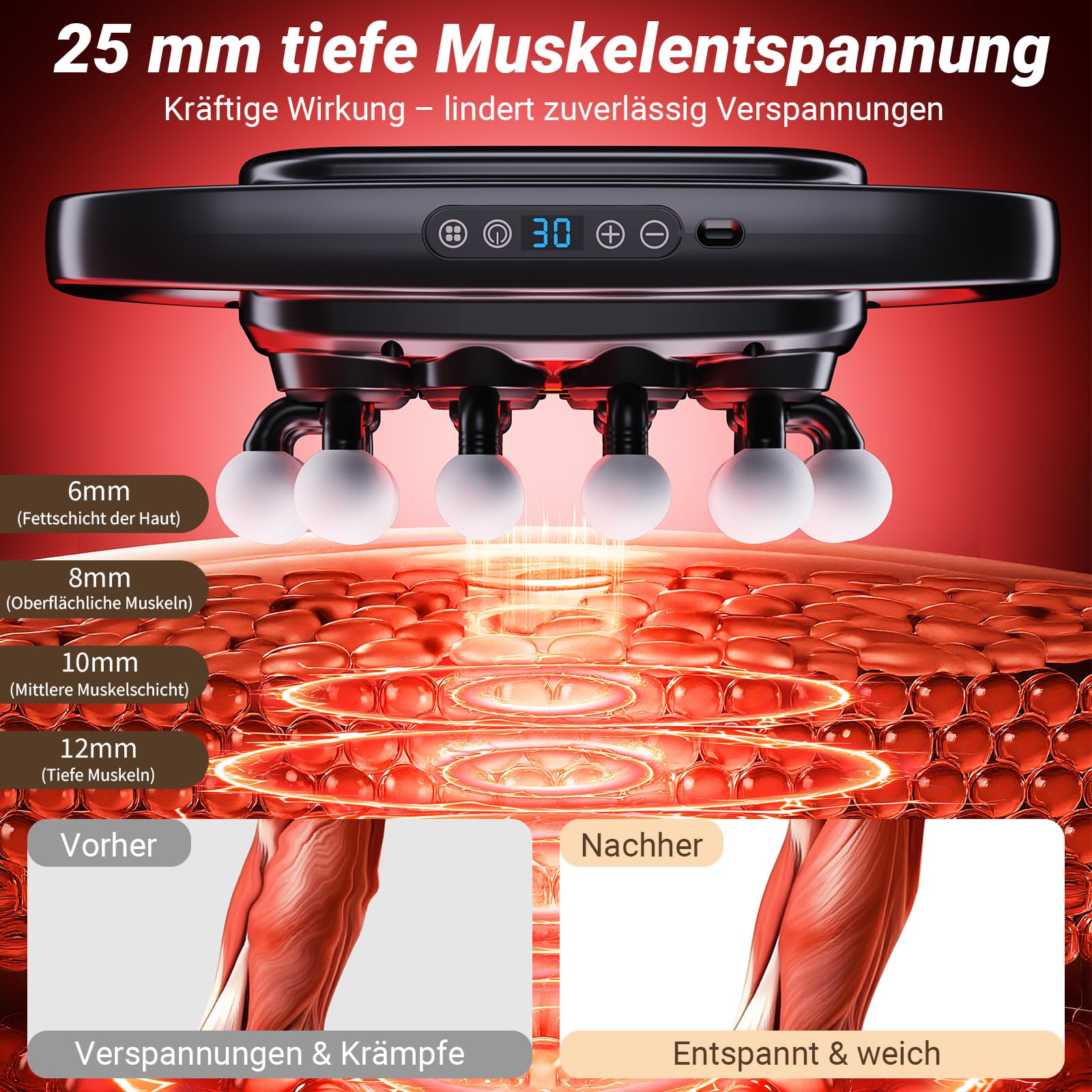 Massagepistole mit 20 Köpfen - 3 Modi & 30 Geschwindigkeiten, Großflächiges Tiefengewebe Massagegerät, Leise (35dB) für große Muskelgruppen, Sport Regeneration & Verspannungslösung