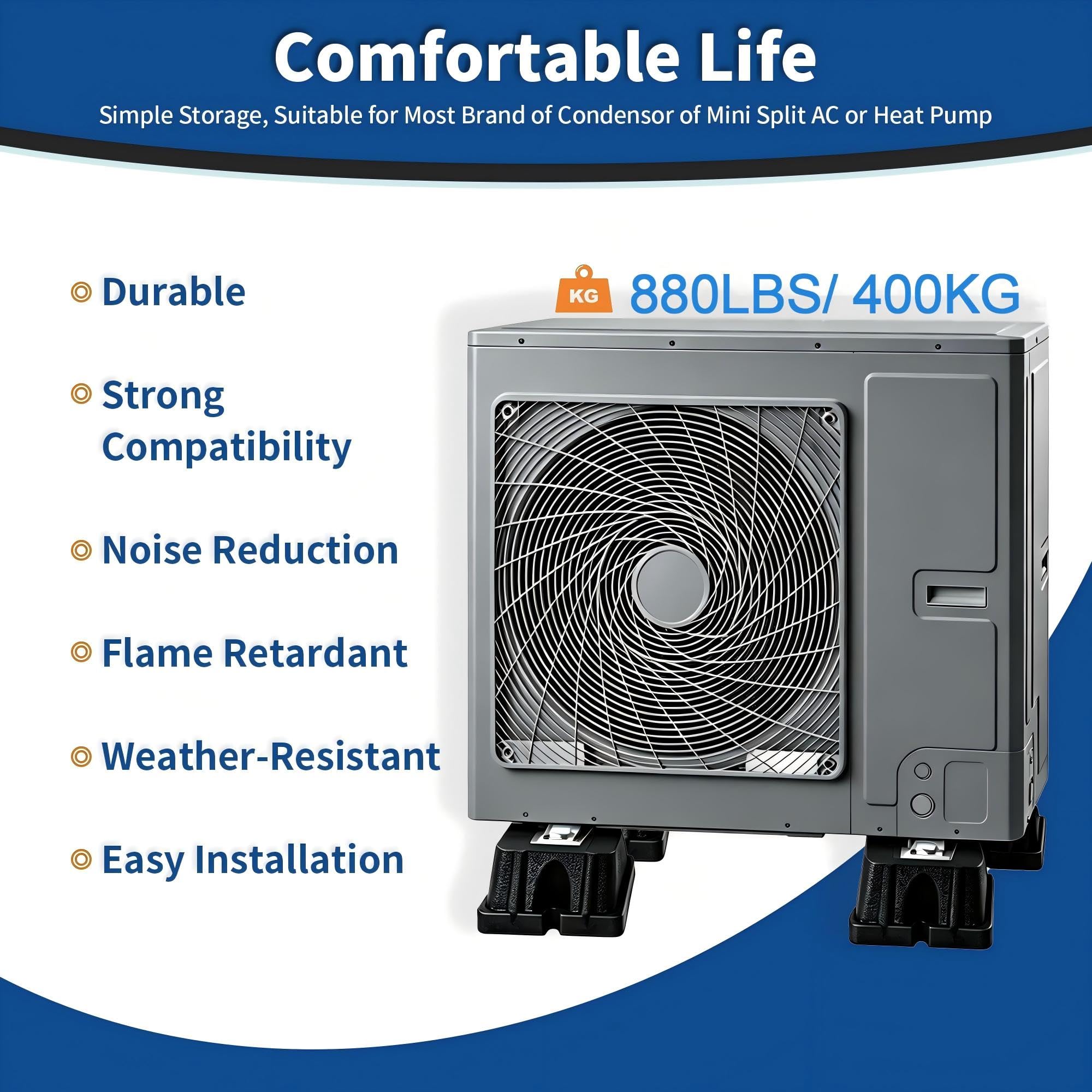 4 piedini antivibrazione in gomma per unità esterne, 9000-60000 BTU, portata 400 kg, 120 mm x 120 mm x 67 mm, isolamento acustico e assorbimento degli urti per climatizzatori, pompe di calore