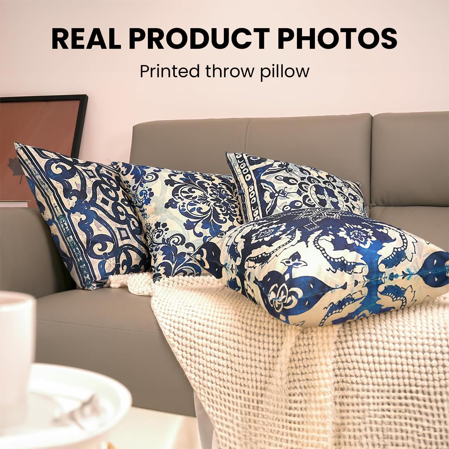 Vintage Blue and White Throw Pillow Covers 18x18 Set of 4, Retro Boho Ethnic Navy Blue Moroccan Tile Mediterranean Decorative Pillow Covers for Home Room, Chinoiserie Decor Pillowcases - Image 5