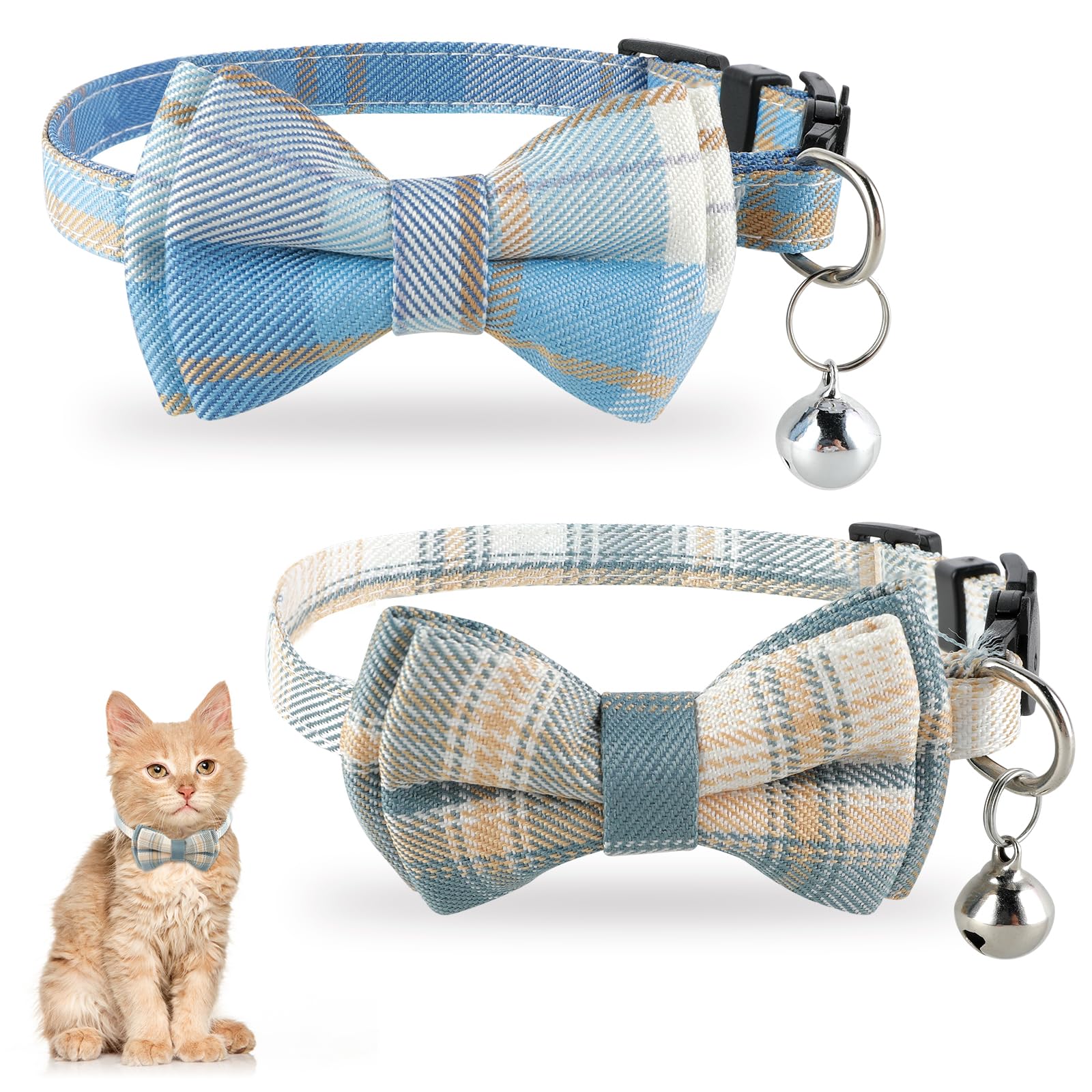 Jeffdad 2Pcs Cat Collar Breakaway, Cat Collar with Bells Bowtie Plaid Cat Collar Adjustable for Kitten Puppy and Small Pets (Blue and White Plaid)