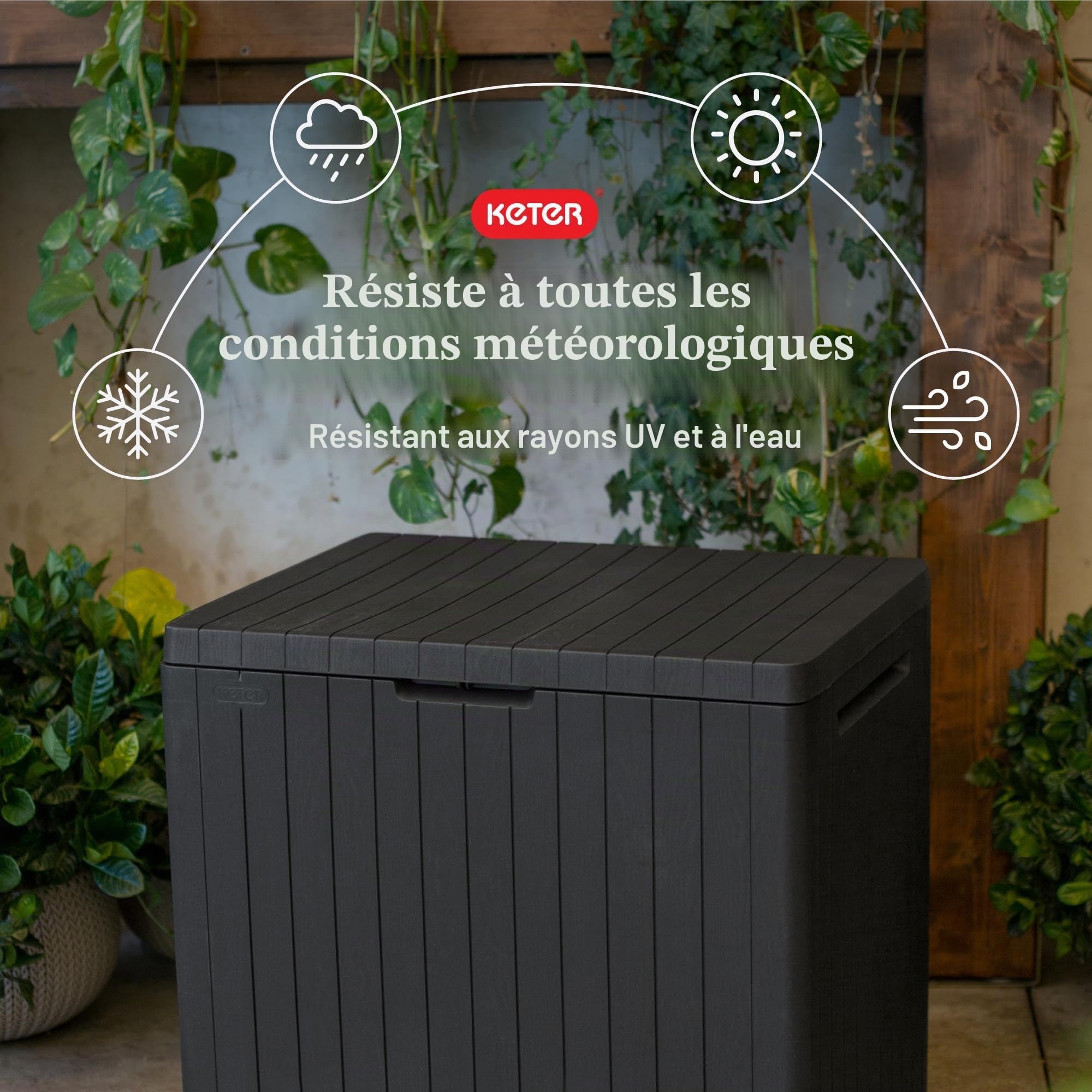 Keter City Boîte de terrasse en résine pour meubles de terrasse, accessoires de piscine et rangement pour jouets d'extérieur, gris foncé 100 l