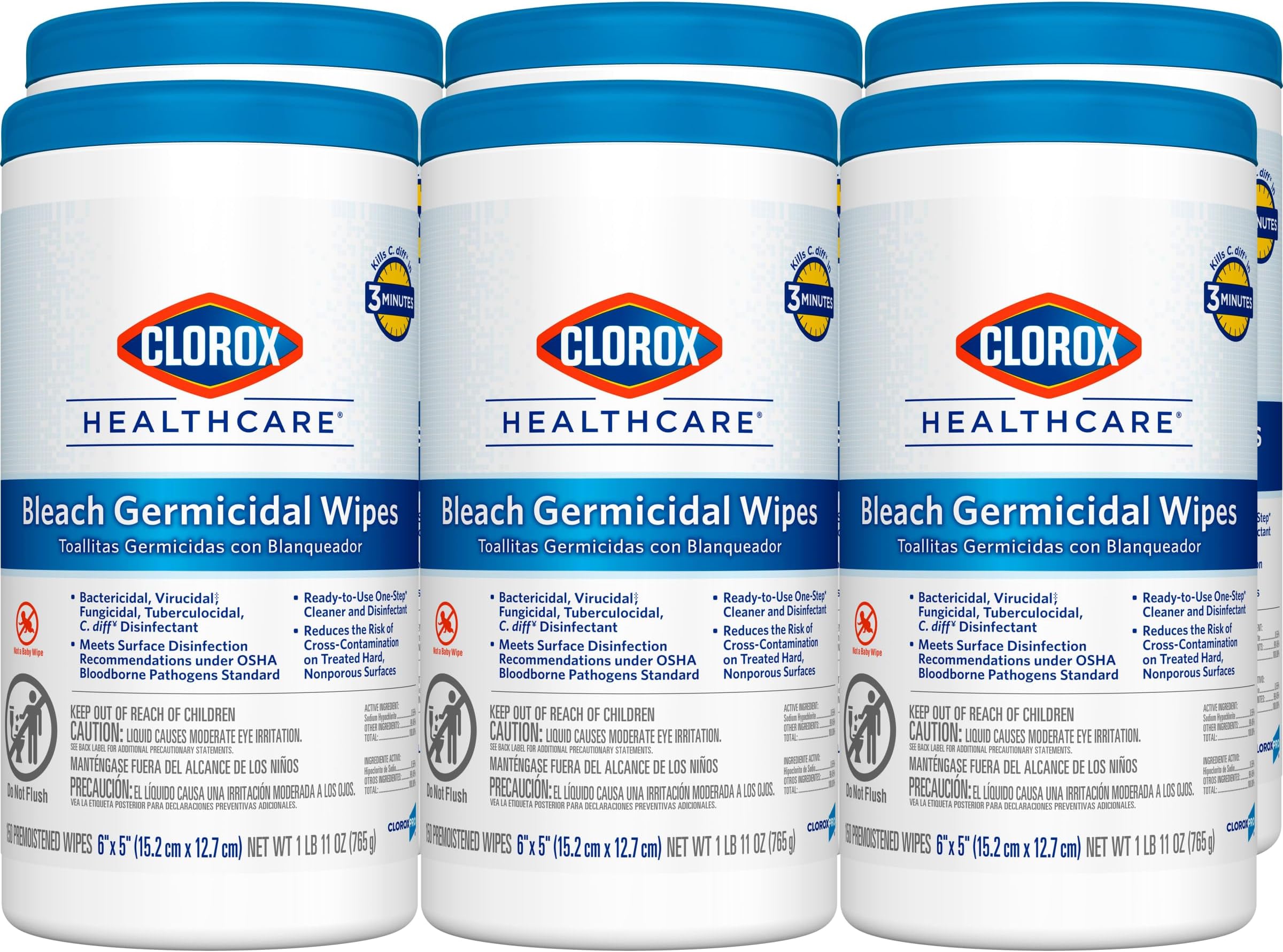 Healthcare Bleach Germicidal Wipes, 6" x 5", 150 Count Canister, Pack of 6 (Package May Vary)
