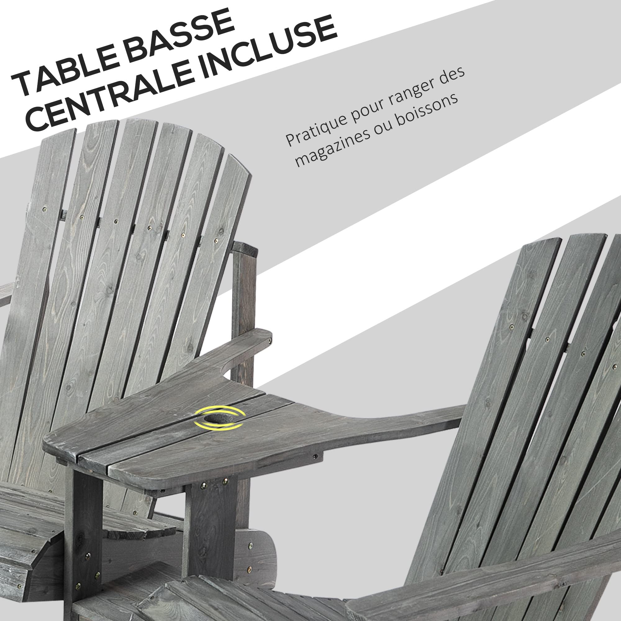 Outsunny Fauteuils de Jardin Adirondack avec Table Basse, Chaise Longue Espace Insertion Parasol, étagère Bois Sapin Gris