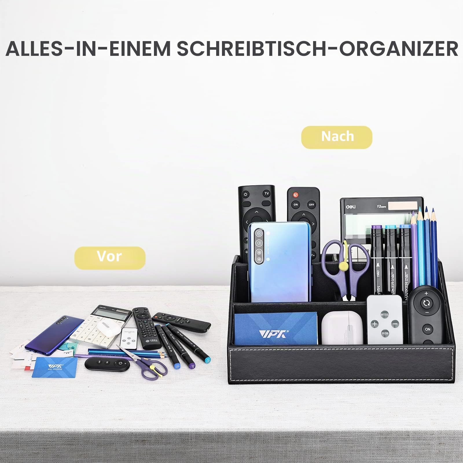 KINGFOM™ Holzstruktur Leder Multifunktionale Schreibtisch Organisator (Schwarz)