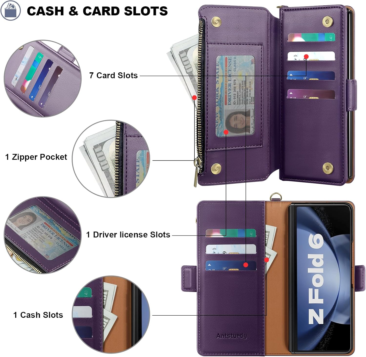 Antsturdy Compatible with Samsung Galaxy Z Fold 6 Case Wallet Women with【S Pen Holder】 Phone Case with Card Holder Strap PU Leather RFID Blocking Flip Protective Cover Credit Slots Men,Purple