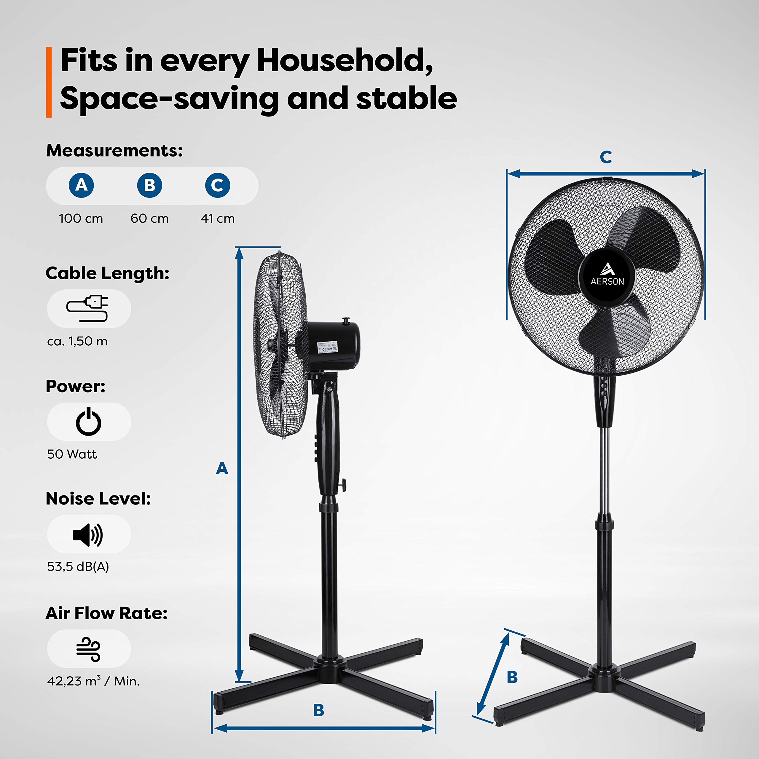 TRESKO AERSON Standventilator 40cm höhenverstellbar bis 120cm leise 3 Geschwindigkeitsstufen Oszillationsfunktion 80° Schwarz