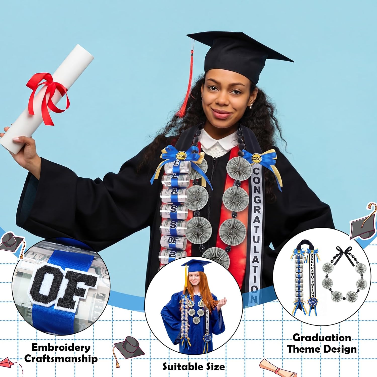 2 Pcs Graduation Leis Kit Class of 2026 Include Graduation Ribbon Money Lei and Grad Kukui Nuts Hawaiian Necklace Gift for High School College Bachelor Doctor Graduate Party Supplies