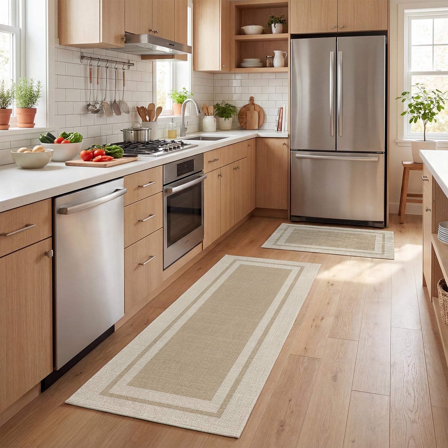 Artoid Mode Beige Absorbent Rectangle Non-Skid Kitchen Mats Set of 2, Home Mats Washable Natural Rubber Back Kitchen Rugs for Floor - 24x35 and 24x59 Inch