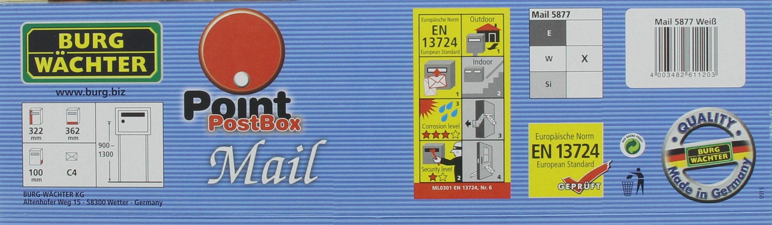 Burg Wächter Anlagenbriefkasten, A4 Einwurf-Format, EU Norm EN 13724, Verzinkter Stahl, Mail 5877 W, Weiß, Stahl Weiß