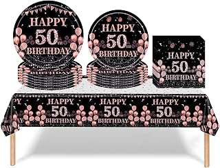 53PCS Black Rose Gold 50th Birthday Party Tableware Decorations for Women Birthday,Disposable Party Tableware Set Black Rose 50th Table Cloth,7inch,9inch Paper Plates,Napkins for Women,Her Dinnerware