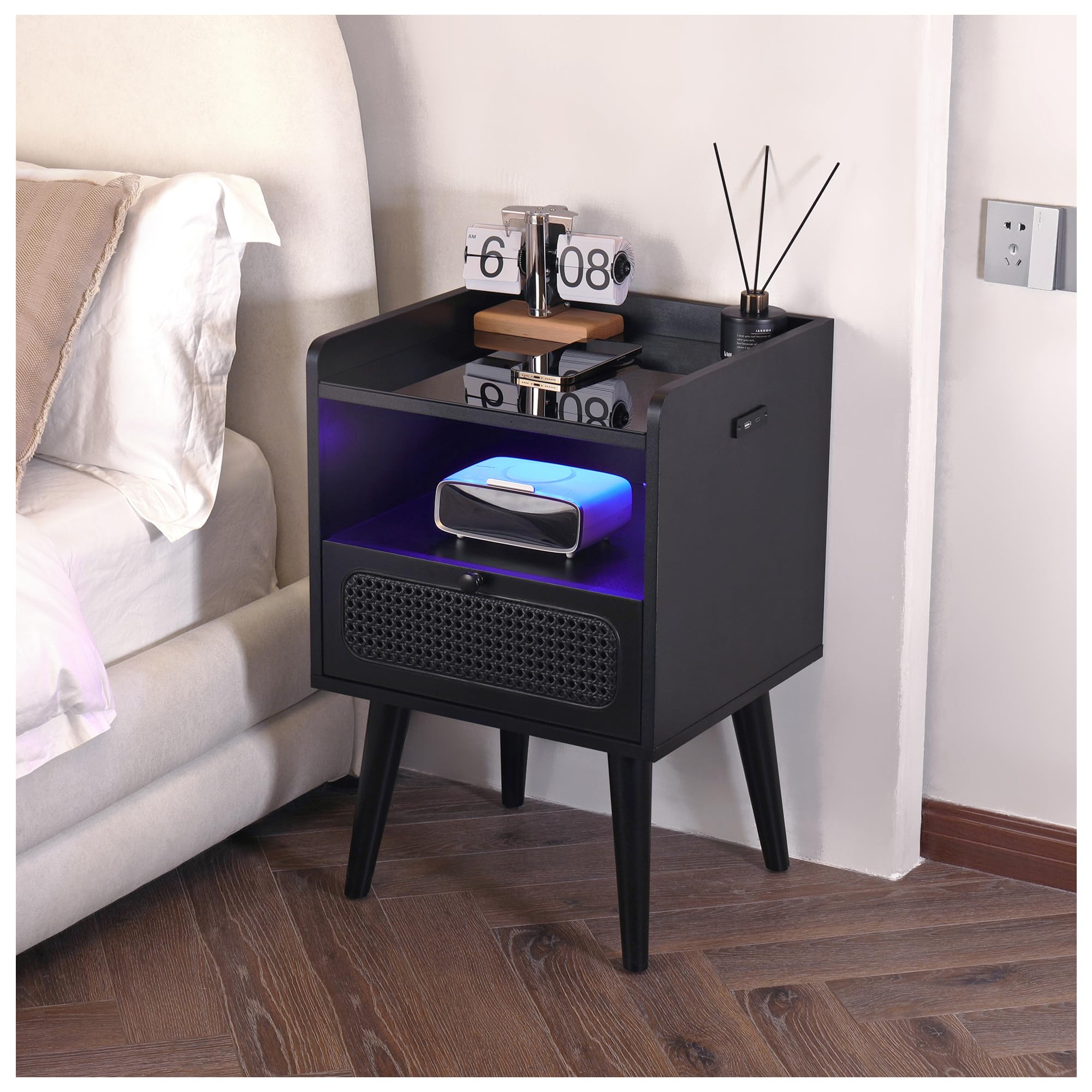 Vagusicc LED Nightstand with Wireless Charging Station, Rattan Side End Table with Drawer and Open Storage Shelf, Sofa End Table with Wood feet, Modern Bedside Table for Bedroom, Living Room, Black