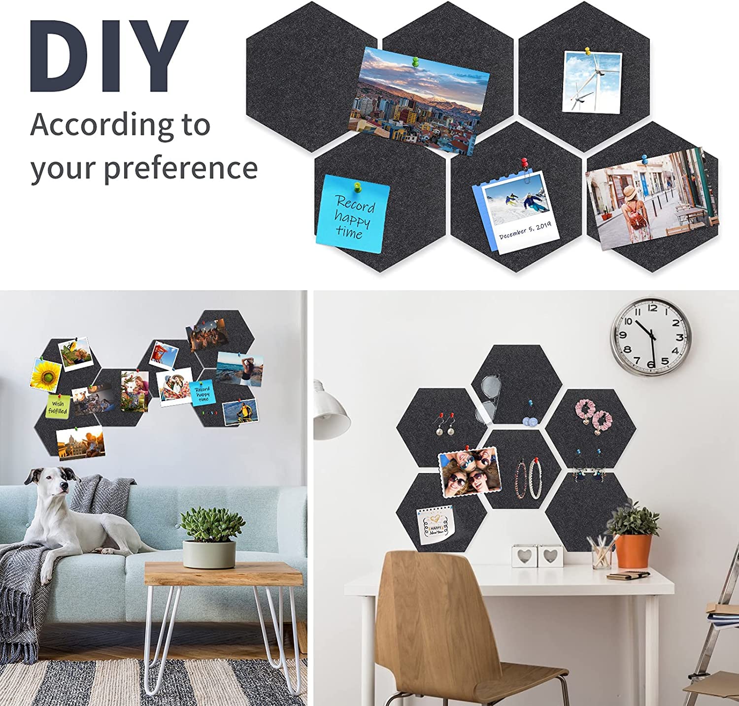 Tablones de anuncios de fieltro hexagonal, tablones de anuncios de fotos, tableros de notas autoadhesivos con pasadores para pared, oficina, aula, decoración del hogar, 6 piezas (negro)