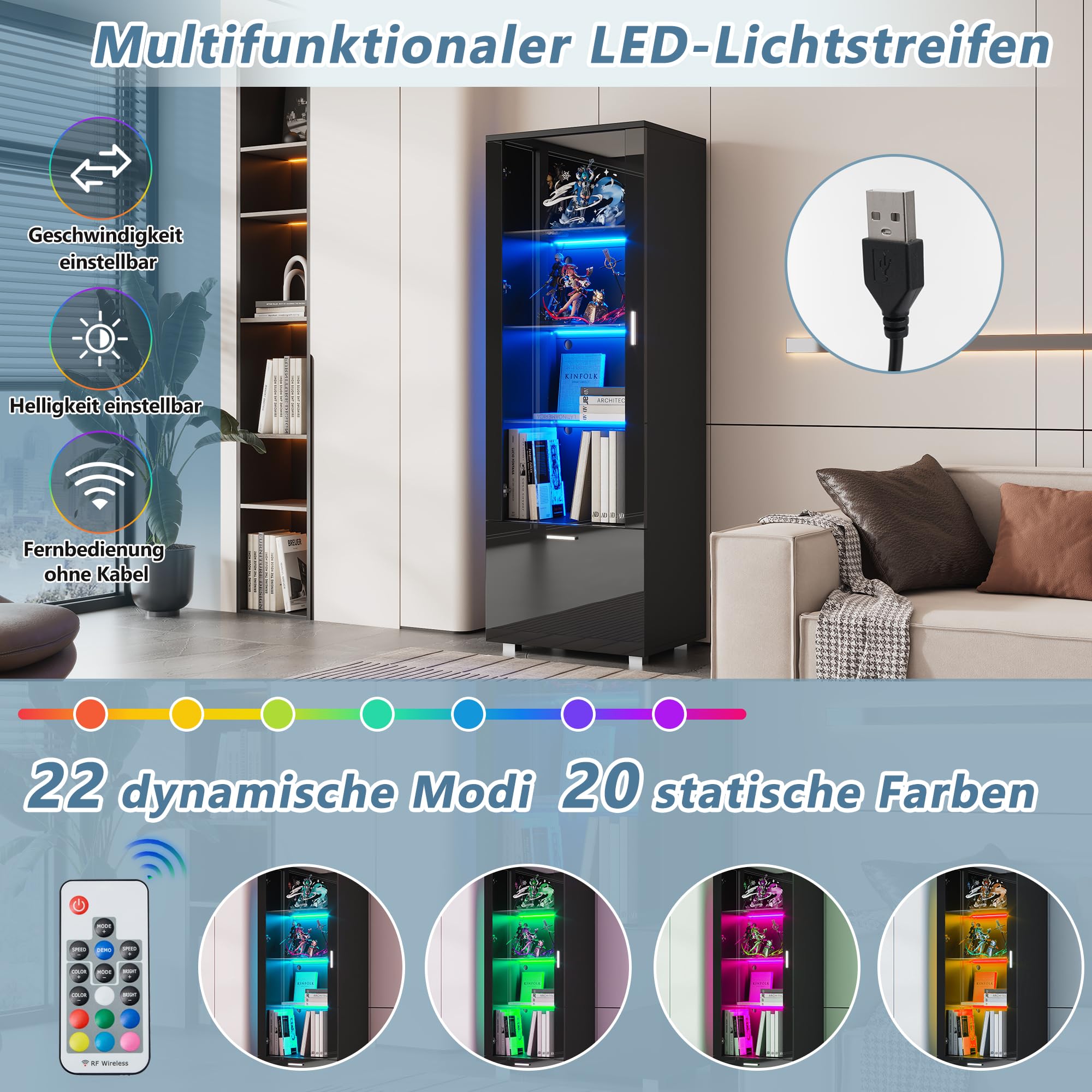 Merax Schwarze Hochglanzvitrinen mit Glastüren, LED-beleuchtete Glasvitrinen, Glasvitrinen mit 3 Glasboden, Vitrinen für Sammlerstücke, Parfümschränke, Bücherregale, 40x50x160cm