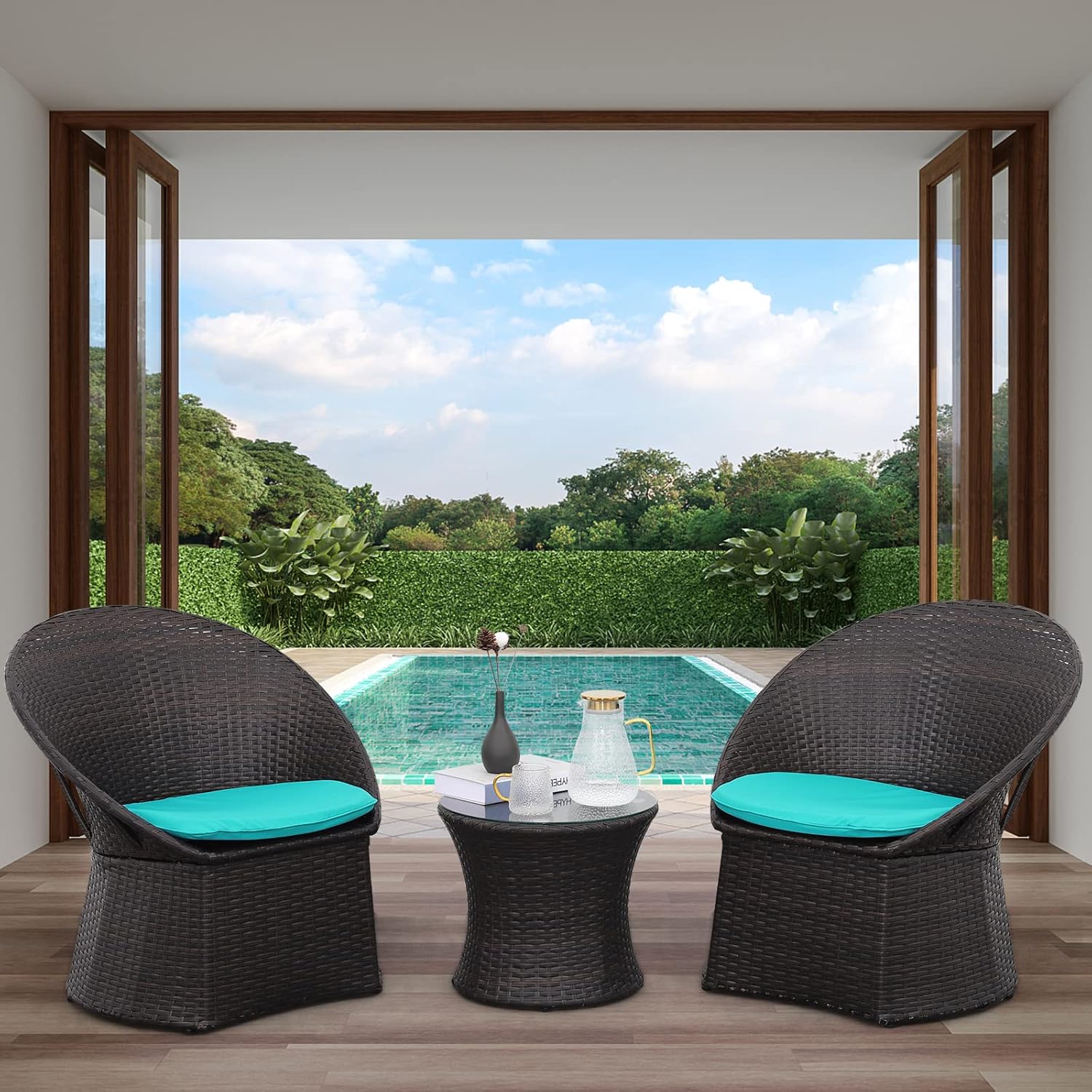 Lviden 3 Pieces Patio Furniture Set, Outdoor Wicker Bistro