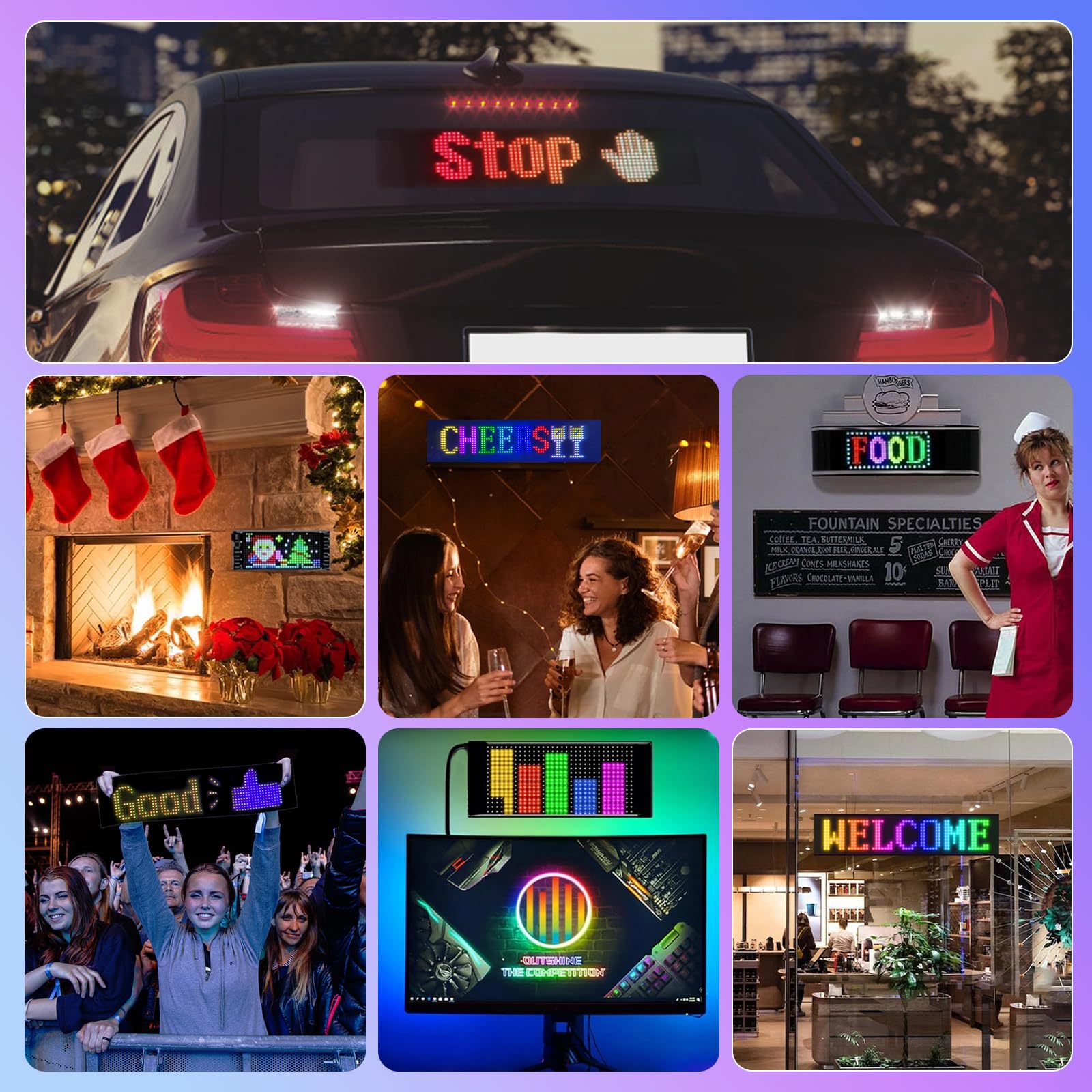 GAESHOW Insegne Luminose RGB Matrix Flessibile 17.3x7cm, Pannello LED Personalizzato, Display Pubblicitario, Sostegno Testo, Digitale, Emoji Display per Aziende, Auto, Negozio