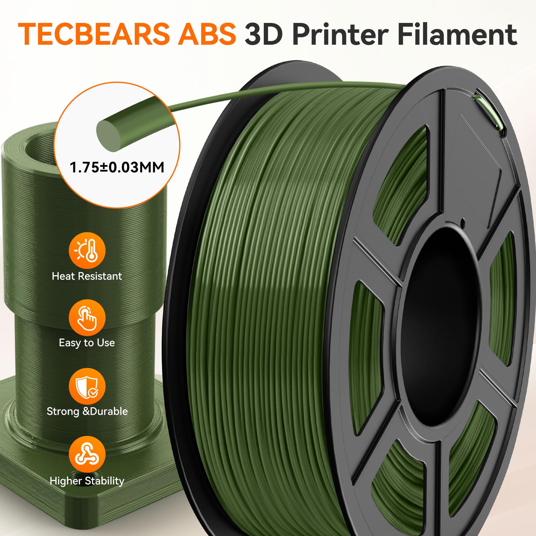 TECBEARS Filament ABS 1,75 mm, 1 kg, biały, wysoka wytrzymałość i wstrząsy, odporny na wysoką temperaturę, filament do drukarki 3D, dokładność wymiarowa +/-0,03 mm, szpula 1kg (2,2 funta)