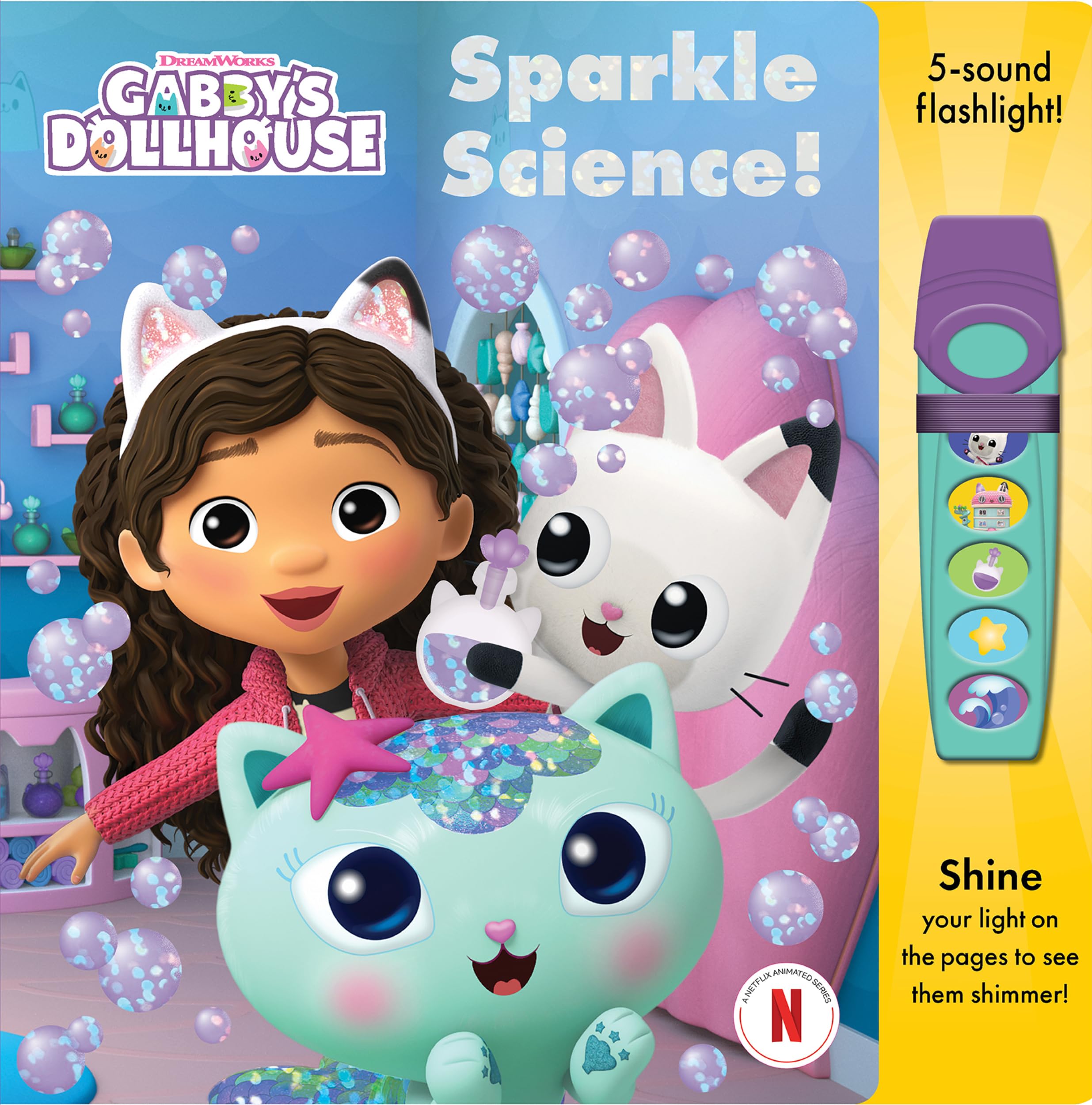 gabby’s dollhouse - sparkle science! board book and 5-sound flashlight toy set - pi kids
