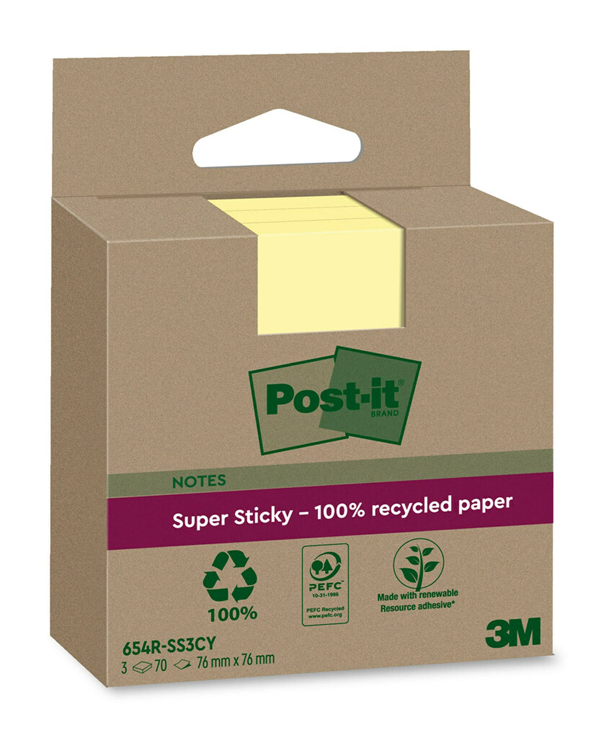 Post-it Super Sticky 100% Recycled Notes, Pack of 3 Pads, 70 Sheets per Pad, 76 mm x 76 mm, Canary Yellow - Extra Sticky Notes Made from 100% Recycled Paper