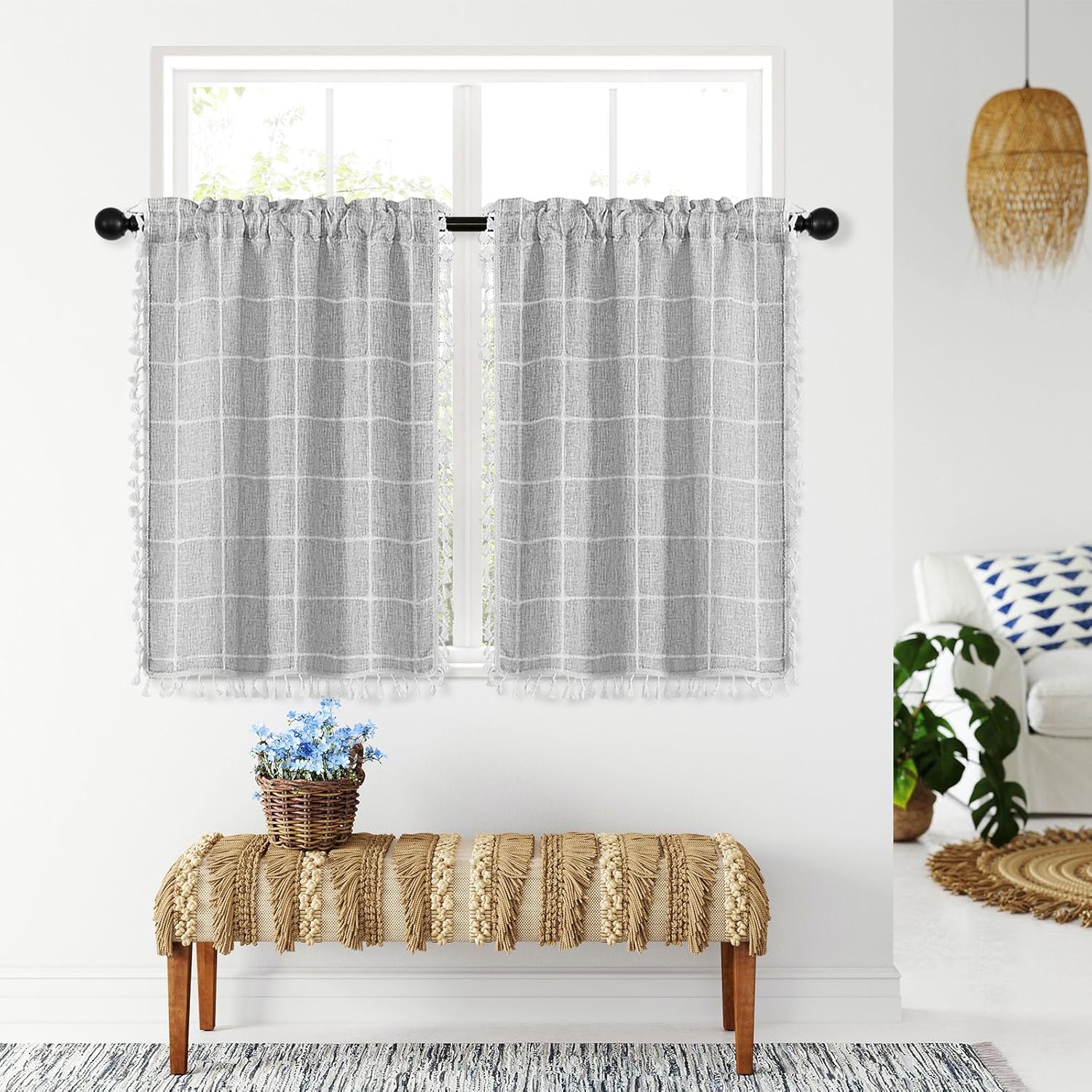 MitoVilla Boho Kitchen Curtains 24 Inch Length Sets, 2 Panels Farmhouse Cafe Curtains with Tassel, Short Tier Small Cotton Linen Curtain for RV Bathroom Sink Cabinet Half Door Bay Windows, Grey