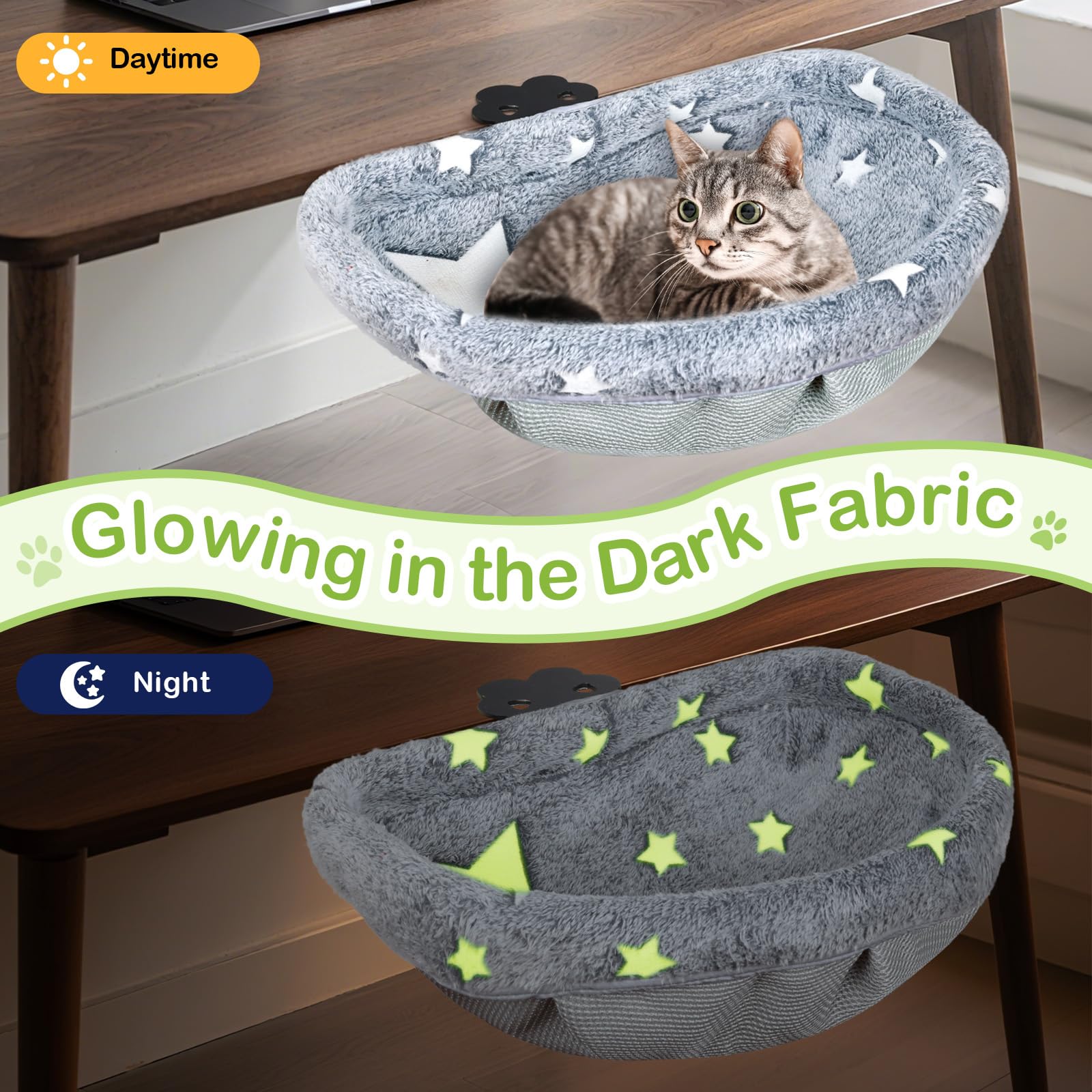 Amaca da scrivania per gatti con morsetto, design pieghevole che si illumina al buio, struttura in metallo robusta, copertura rimovibile e lavabile, supporta fino a 22,7 kg