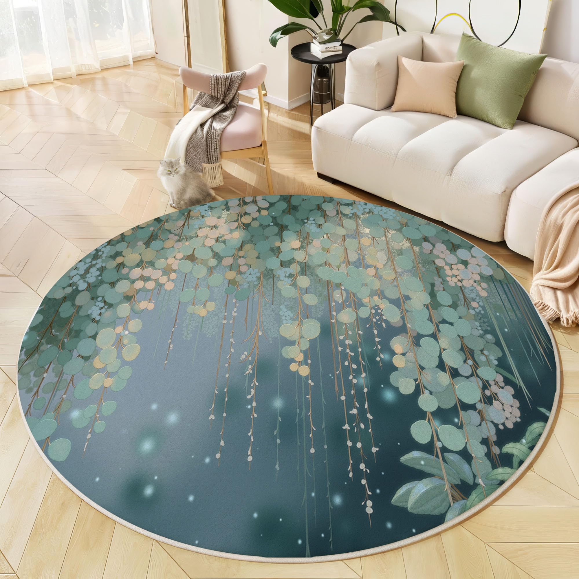 Tapis Rond Feuilles D'Eucalyptus Aquarelle 100 Cm, Lavable En Machine Pour Salon, Ne Perd Pas Ses Poils, Antidérapant | Tapis Esthétique Végétale Pour Chambre À Coucher Chambre D'Enfant, Vert Foncé