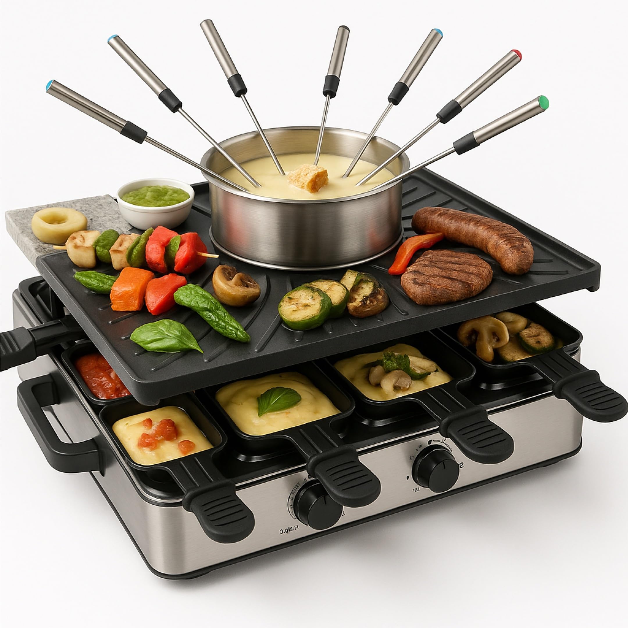 8 Personen Set Raclette - Mit Grillplatte & Fondue Topf Funktion - Tischgrill inkl. Pfännchen & Schaber (Fondue Set)