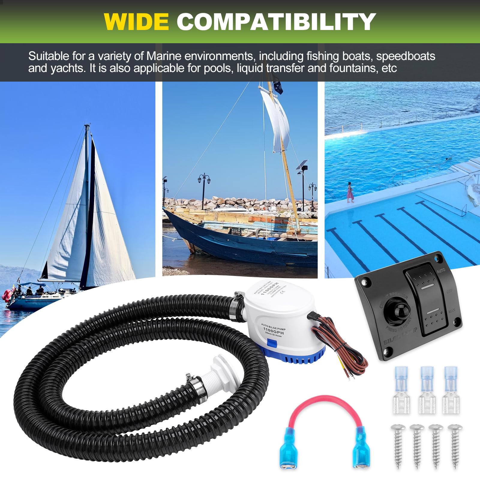 Automatyczna pompa zęzowa 1100 GPH 12 V z 3-kierunkowym panelem przełącznika pompy zęzowej i zestawem hydraulicznym o średnicy 2,8 cm, idealna do łodzi rybackich, rejsów
