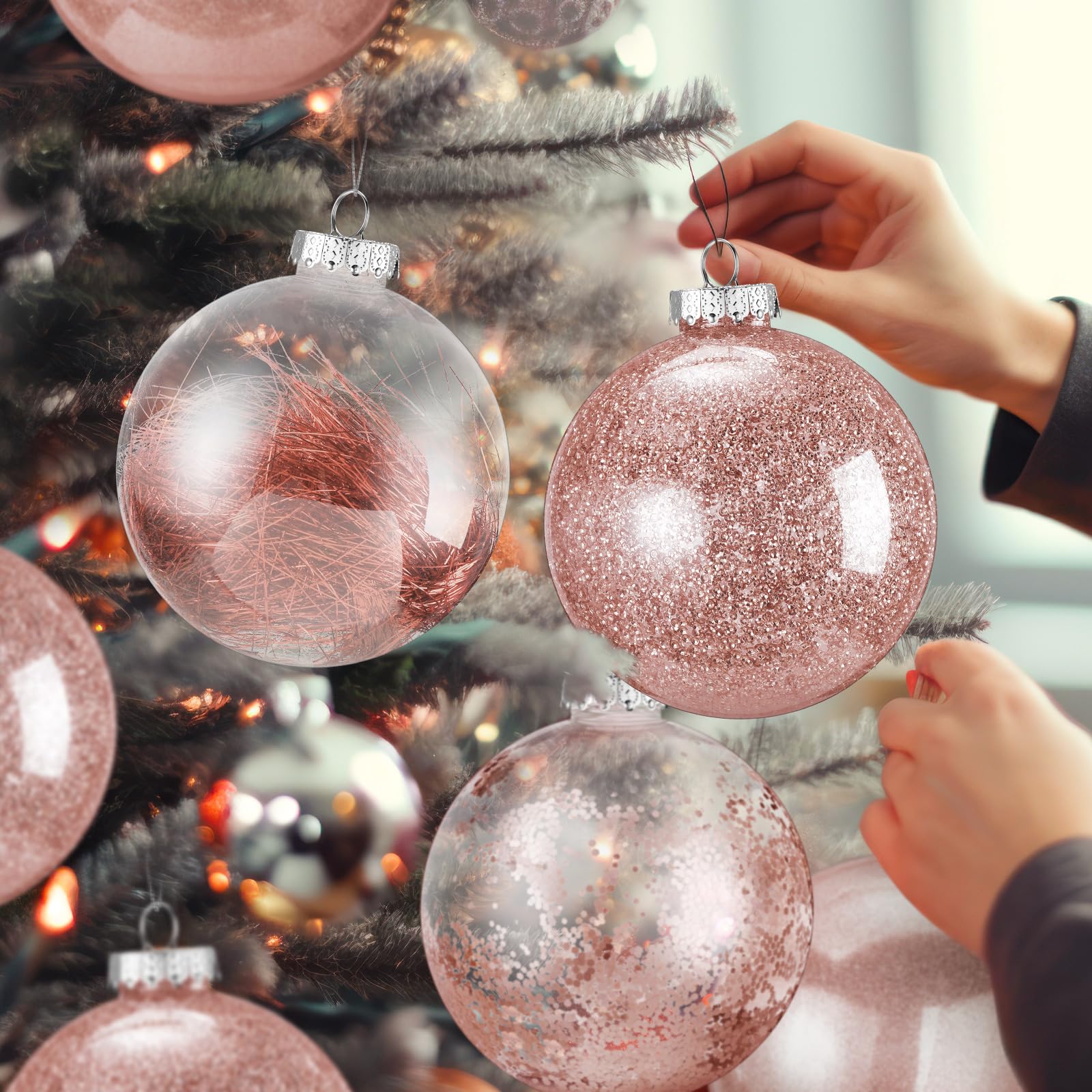 Shappy Lot de 4 grandes boules de Noël en plastique transparent de 15,2 cm avec rembourrage délicat pour décoration de sapin de Noël (or rose)