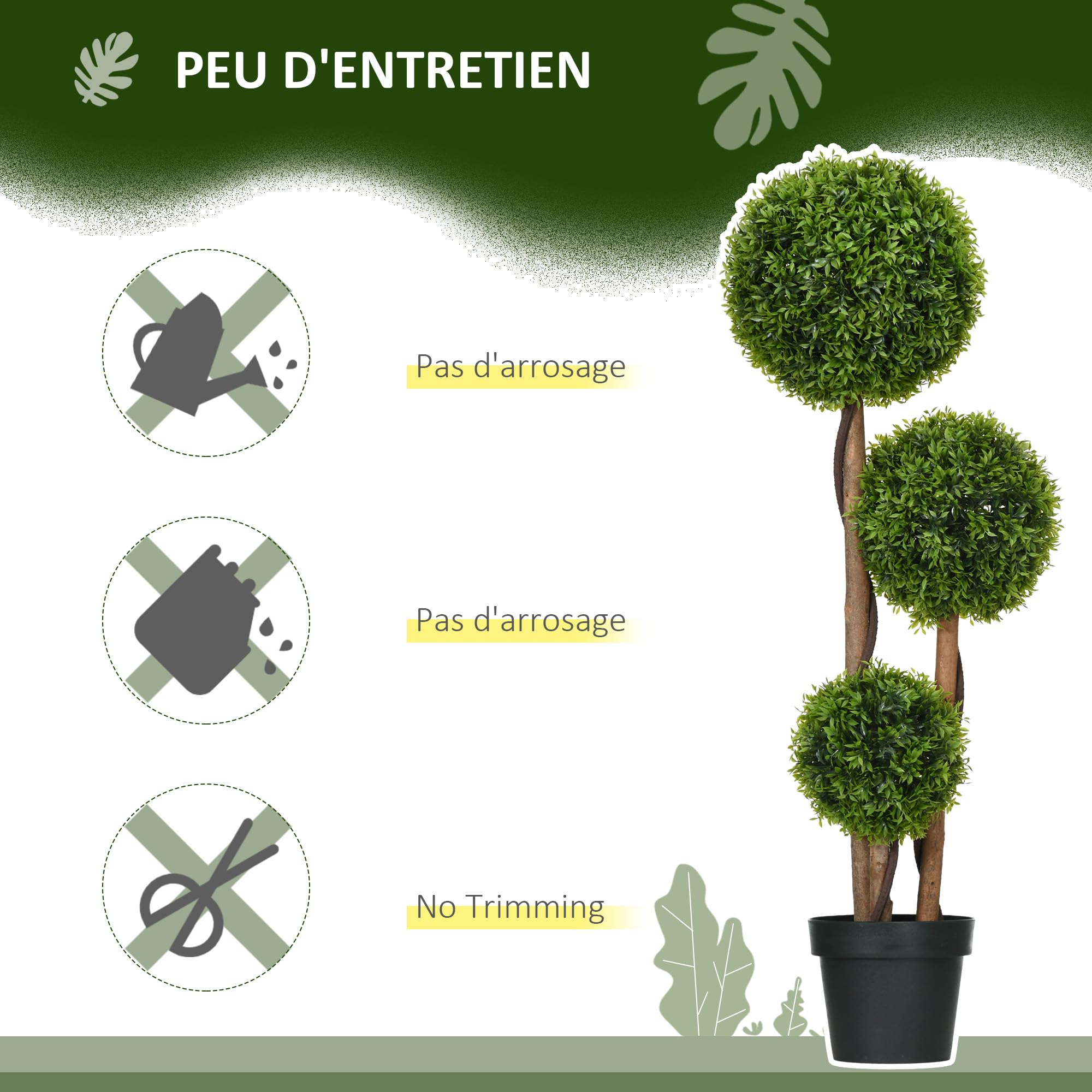 HOMCOM Arbre Artificiel, Plante Artificiel, buis avec 3 Boules Feuilles de Bambou, Pot Inclus, intérieur et extérieur, Hauteur 110 cm, Aucun Assemblage nécessaire, Vert