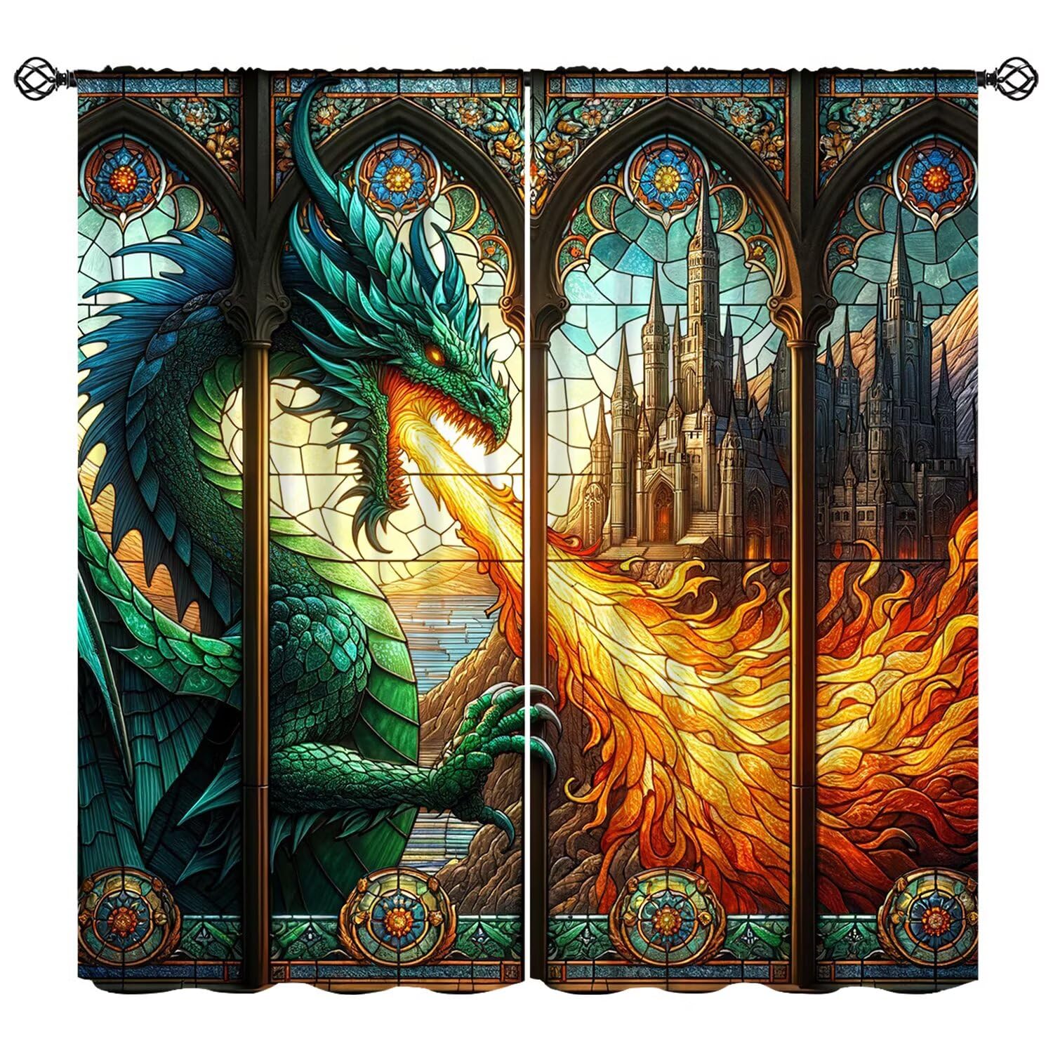 FengMingRui Stained Glass Curtains Western Monon Dragon Castle Abstract Geometry Window Treatments for Boys Girls Bedroom Game Room Window Drapes 42"