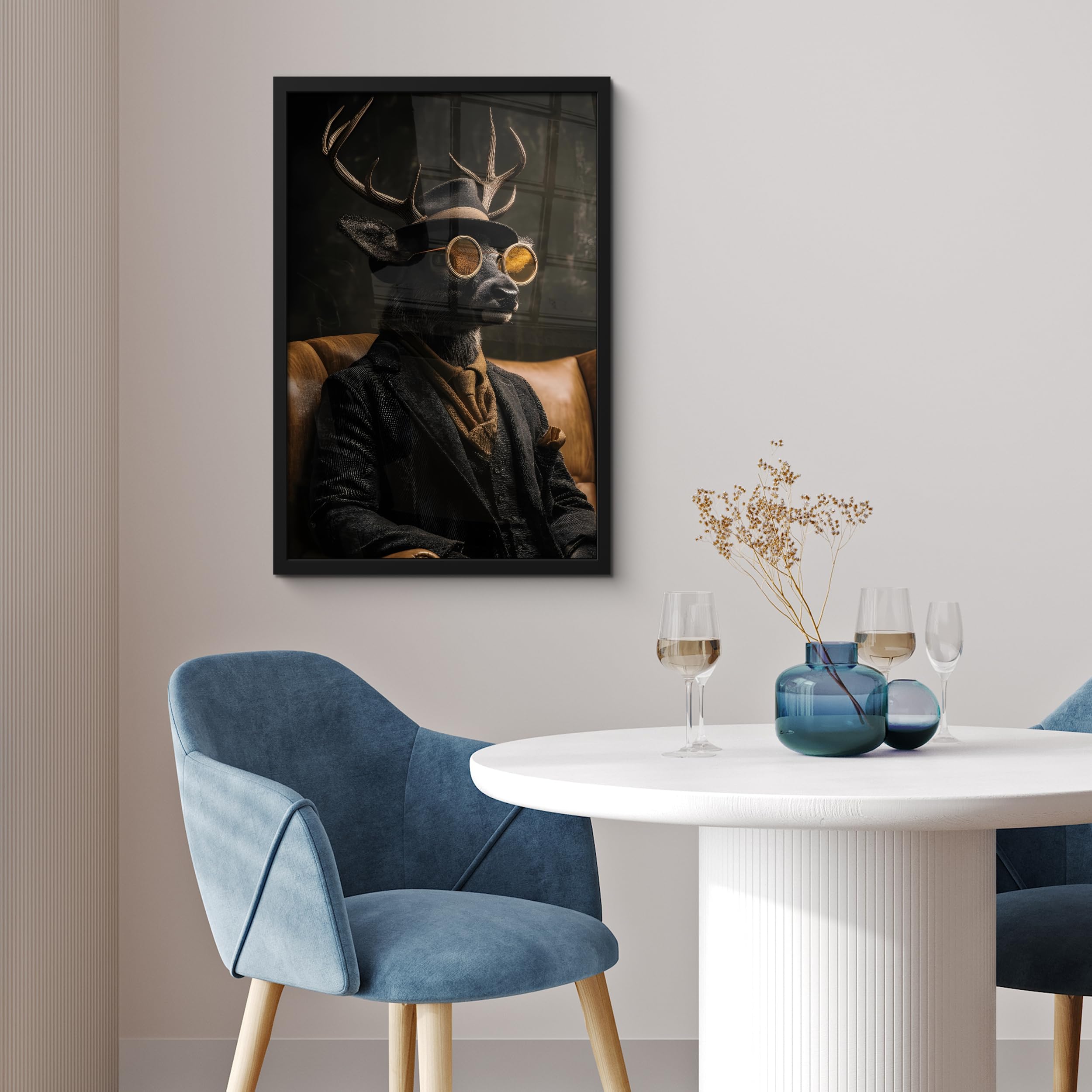 MuchoWow© Quadri Con Cornice Foto Pareti Piccoli Casa Moderna Salotto | 40x60 cm - Orizzontale Lungo Ufficio Moderne Murali Cornici Decorative Cervo - Occhiali da sole - Nero - Abito