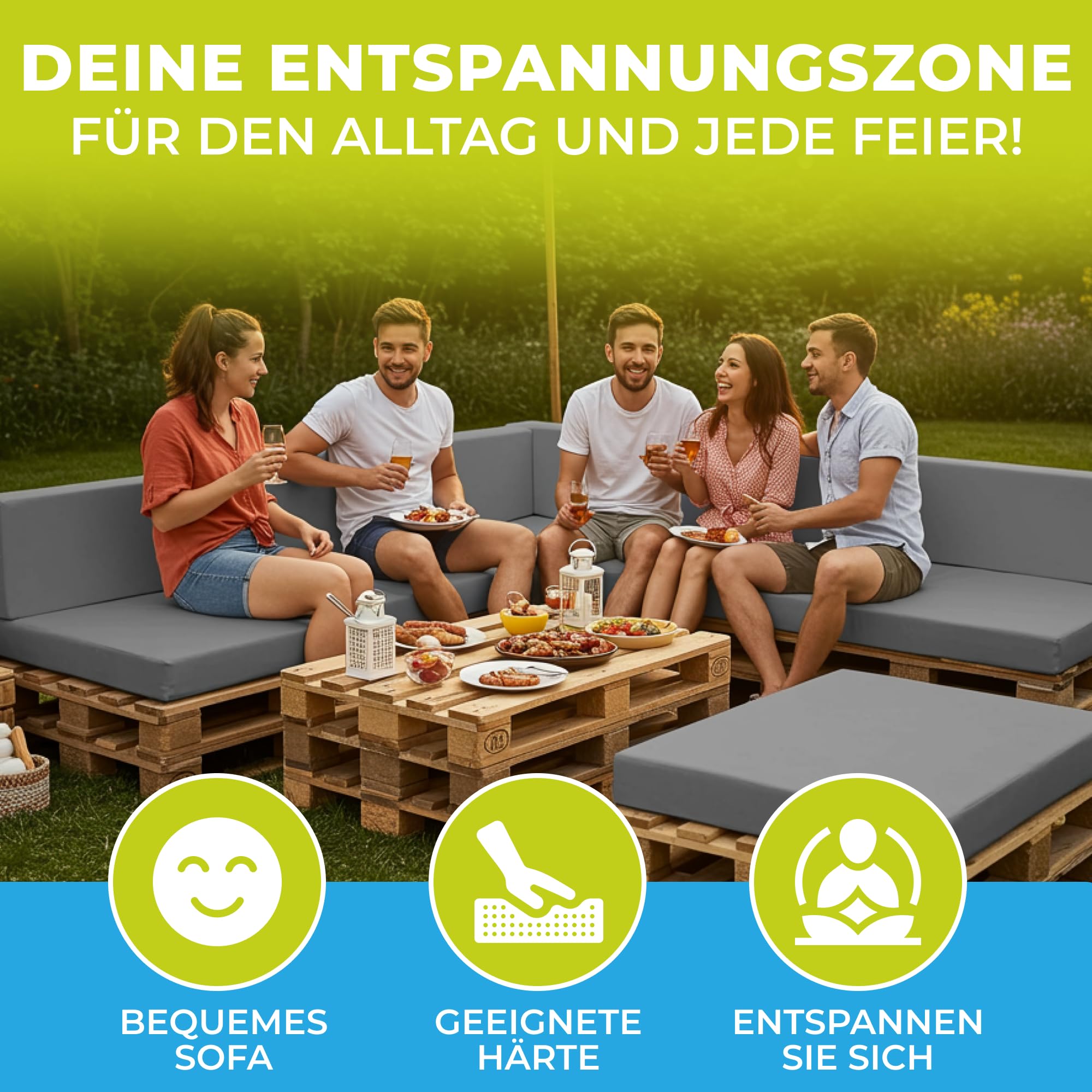 Palettenkissen 3-teiliges Set aus Cordstoff | Sitzkissen & Rückenkissen für Europaletten 120x80 | Weiche Palettenauflage für Wohnzimmer, Garten oder Balkon | Made in EU | Hellblau