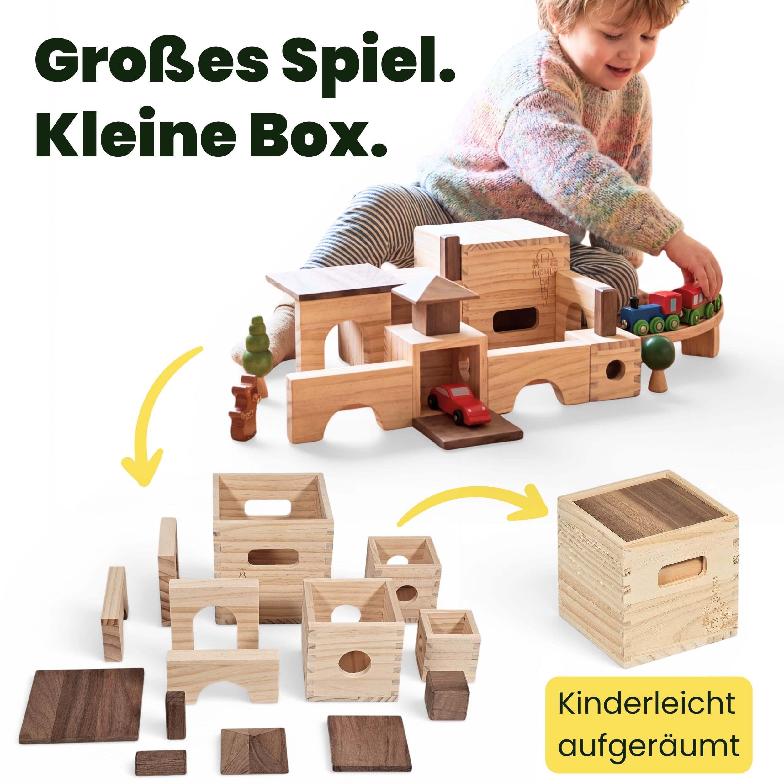 MATZBOX S-Box Montessori - Giocattolo creativo in mattoncini in legno, giocattolo in legno di alta qualità per bambini da 1 a 7 anni, blocchi e scatole versatili per giocare liberamente, regalo