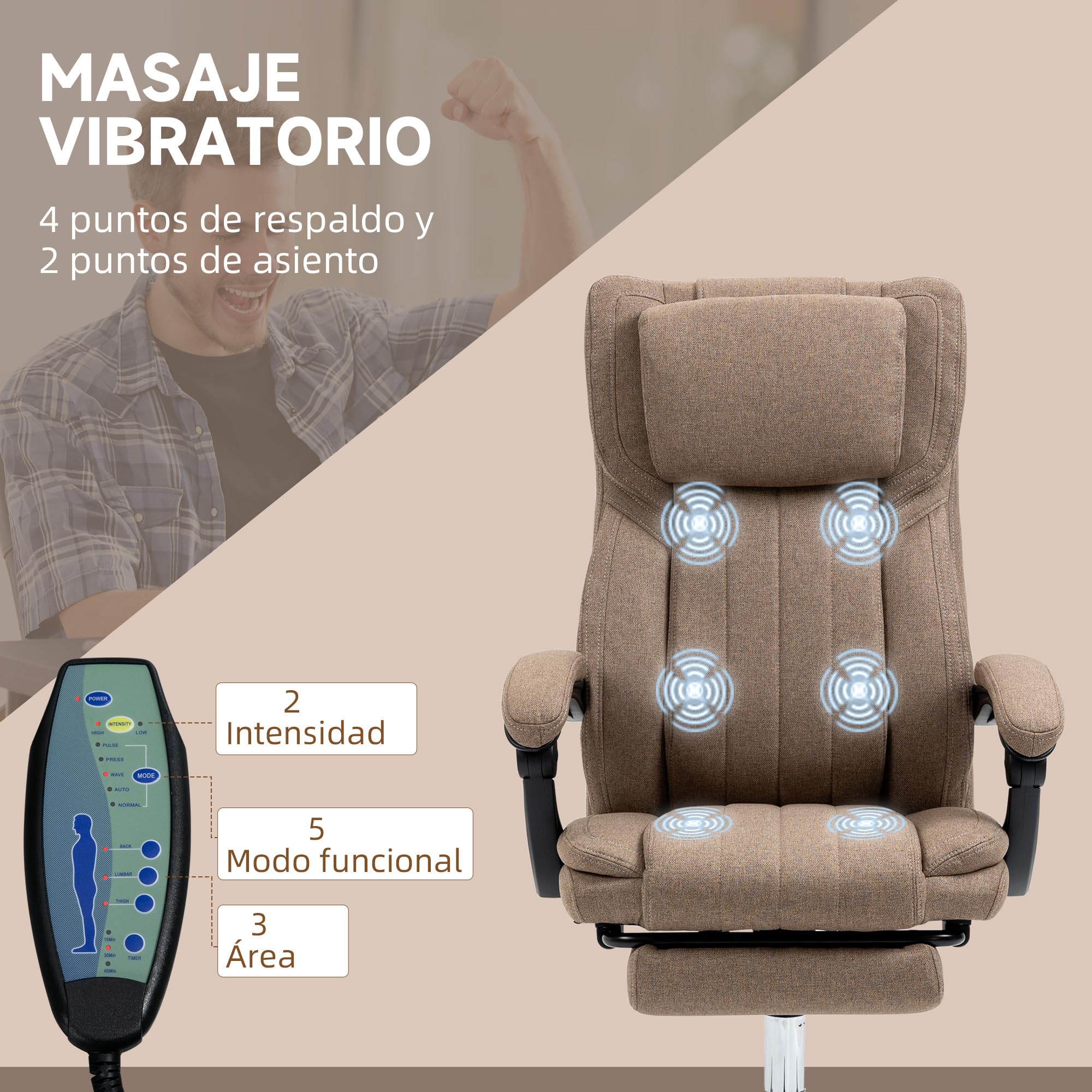 Vinsetto Silla de Masaje con 6 Puntos Masaje Altura Ajustable Marrón | Silla de Oficina Giratoria, Silla de Escritorio Reclinable, Control Remoto, Reposapiés, Reposacabezas