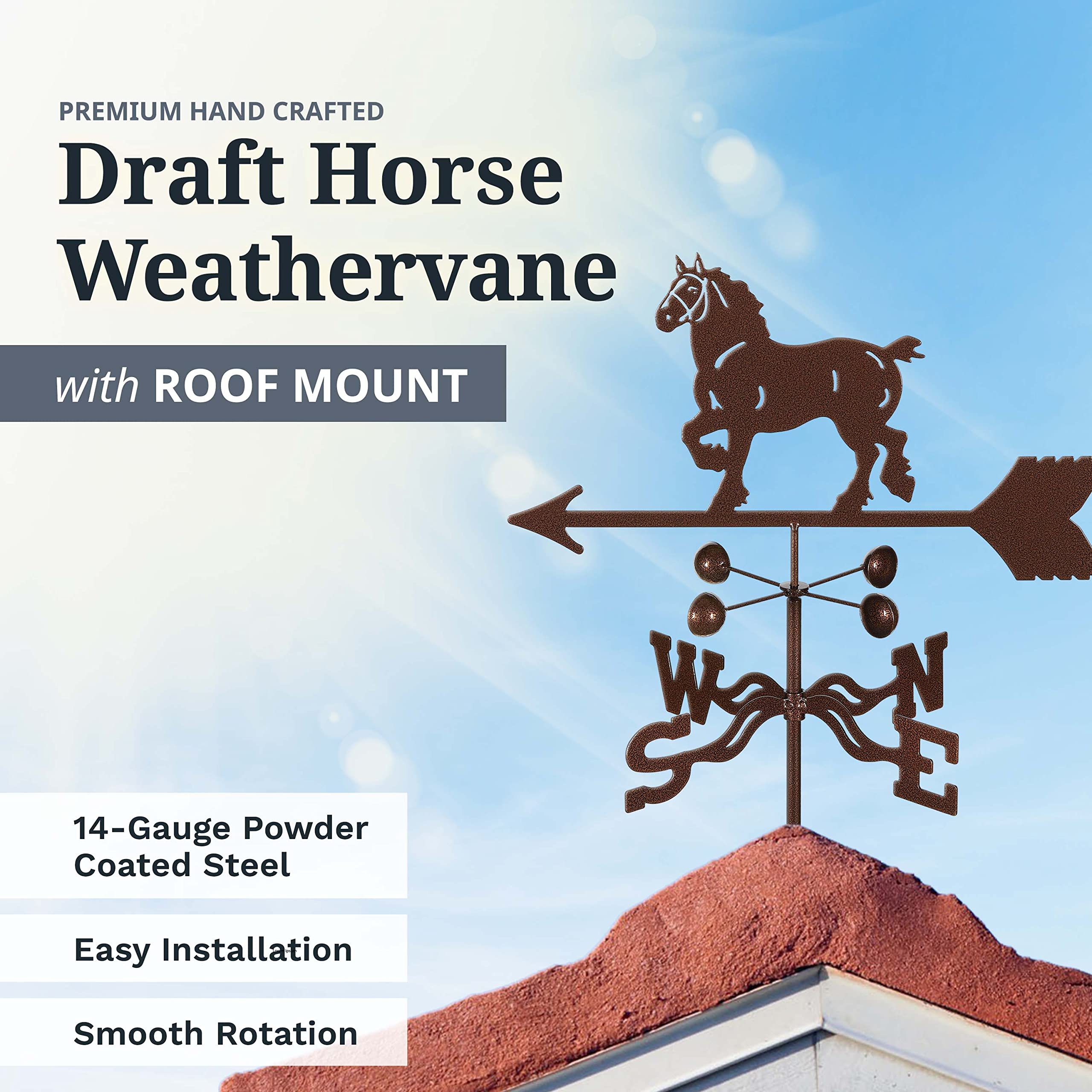 EZ Vane Steel Draft Horse Weathervane 21” Height, Includes Metal Roof Mount, Wind Cups & Brackets | Hand-Crafted and Family-Owned, Made in The USA with Triple Powder Coating, Limited