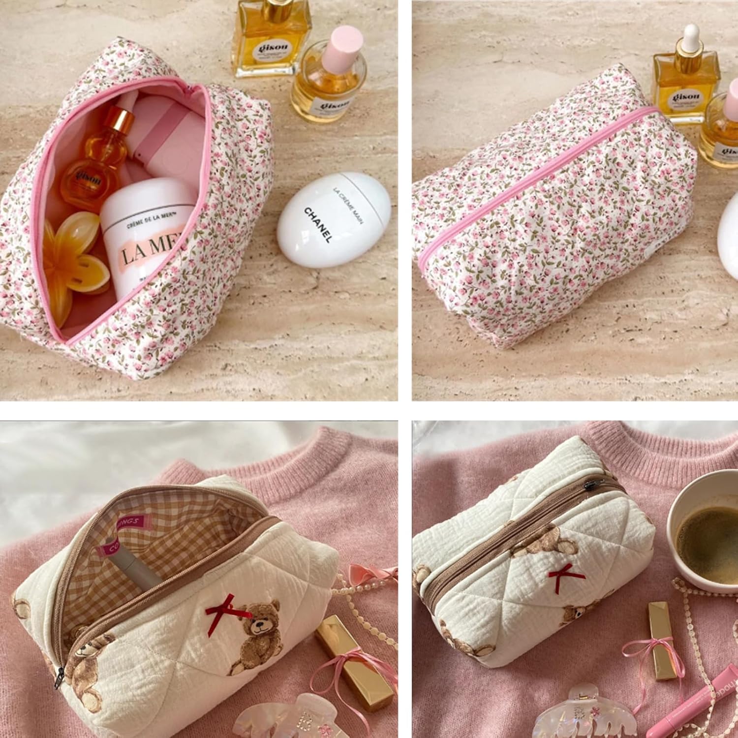 Cute Small Floral Cotton Makeup Bag, Quilted Zipper Pouch with Coquette Bear for Women and Girls, Kawaii Travel Cosmetic Bags for Purse(01Little Bear) - Image 7