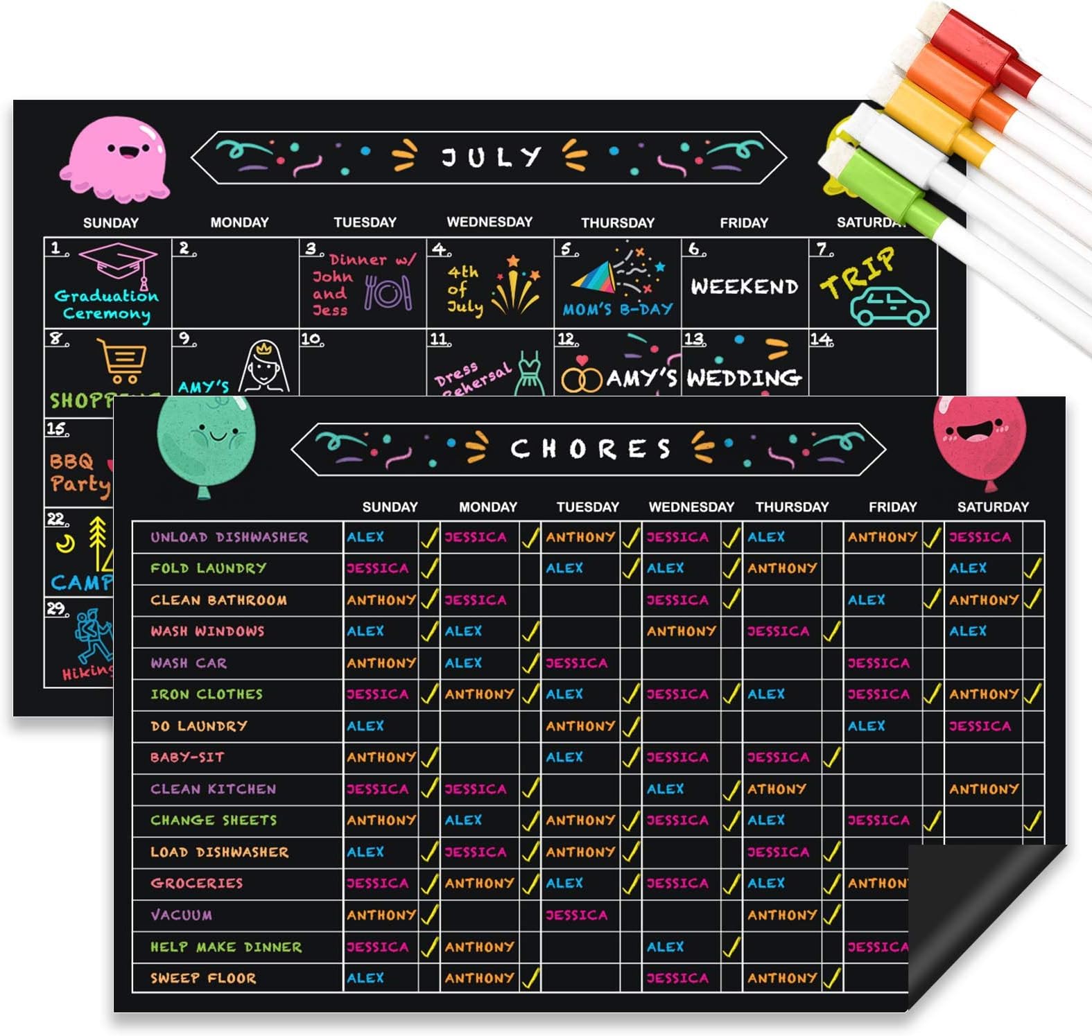 Chore Chart and Monthly Calendar Set, Dry Erase Magnetic 11" x 17" Responsibility & Behavior Refrigerator Reward Incentive for Kids - Reusable Multiple Child Magnet