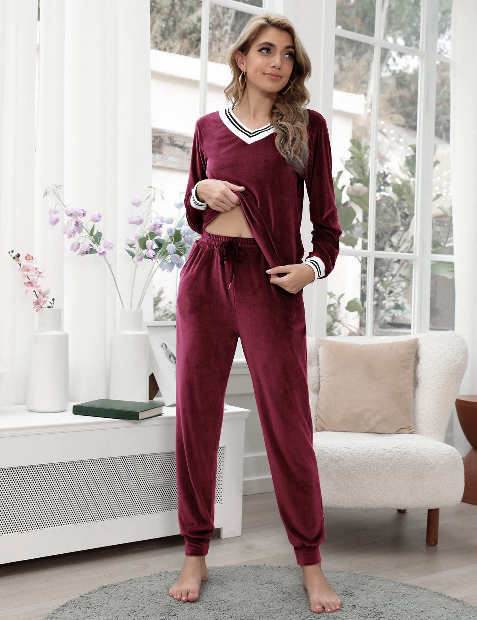 Totatuit Donna da Ginnastica in Velluto Tuta da Casa Set Tuta Sportiva Casual Pigiami Due Pezzi Pigiama Donna Pile Set Inverno da Yoga Jogging Training Sportwear con Coulisse