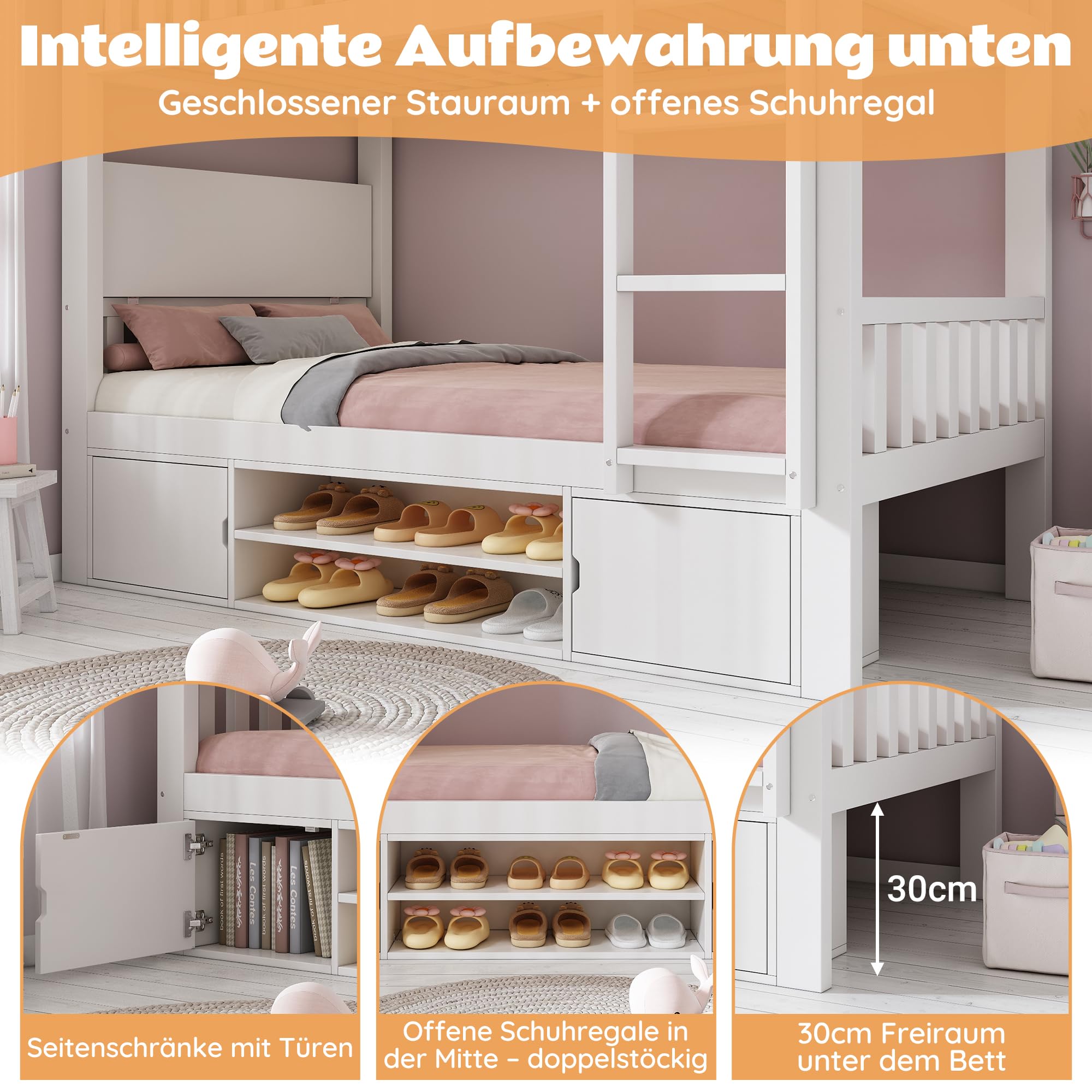 Litera de Estilo Moderno como Cama Alta o Loft Bed con Superior e Inferior de 90x200 cmen Estructura de Madera Maciza con Mesa Plegable, Zapatero y Armarios para Hogar