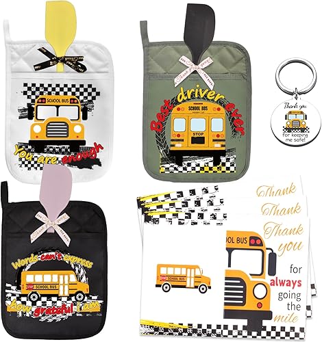 Kit de 12 piezas de regalo para conductor de autobús, soporte para ollas de autobús escolar con llavero, espátula de silicona y tarjeta de